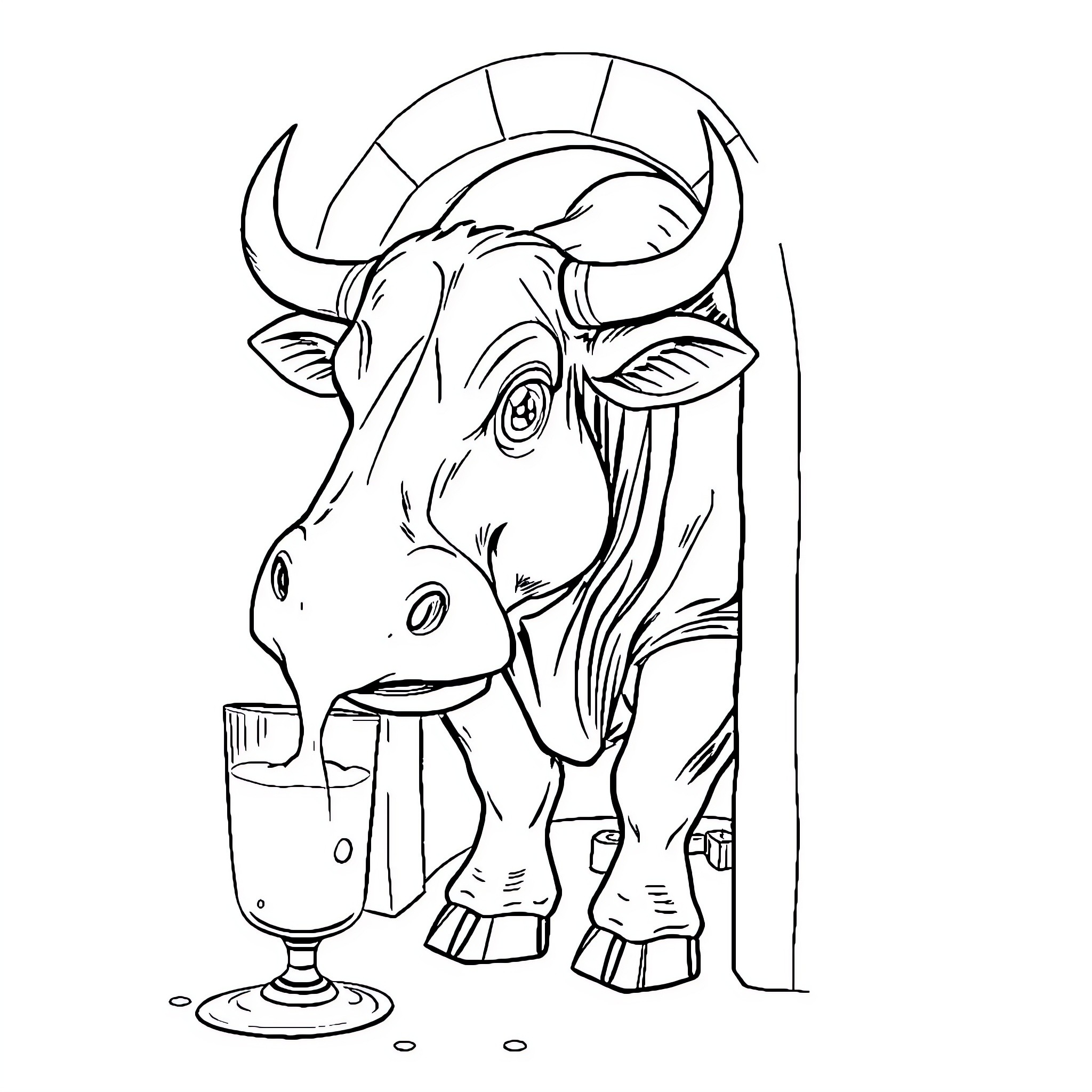 Minotaur enjoying a refreshing drink Coloring Page (free black-and-white line drawing printable PDF for all, from beginners to advanced learners, including children, teens, adults, and seniors)