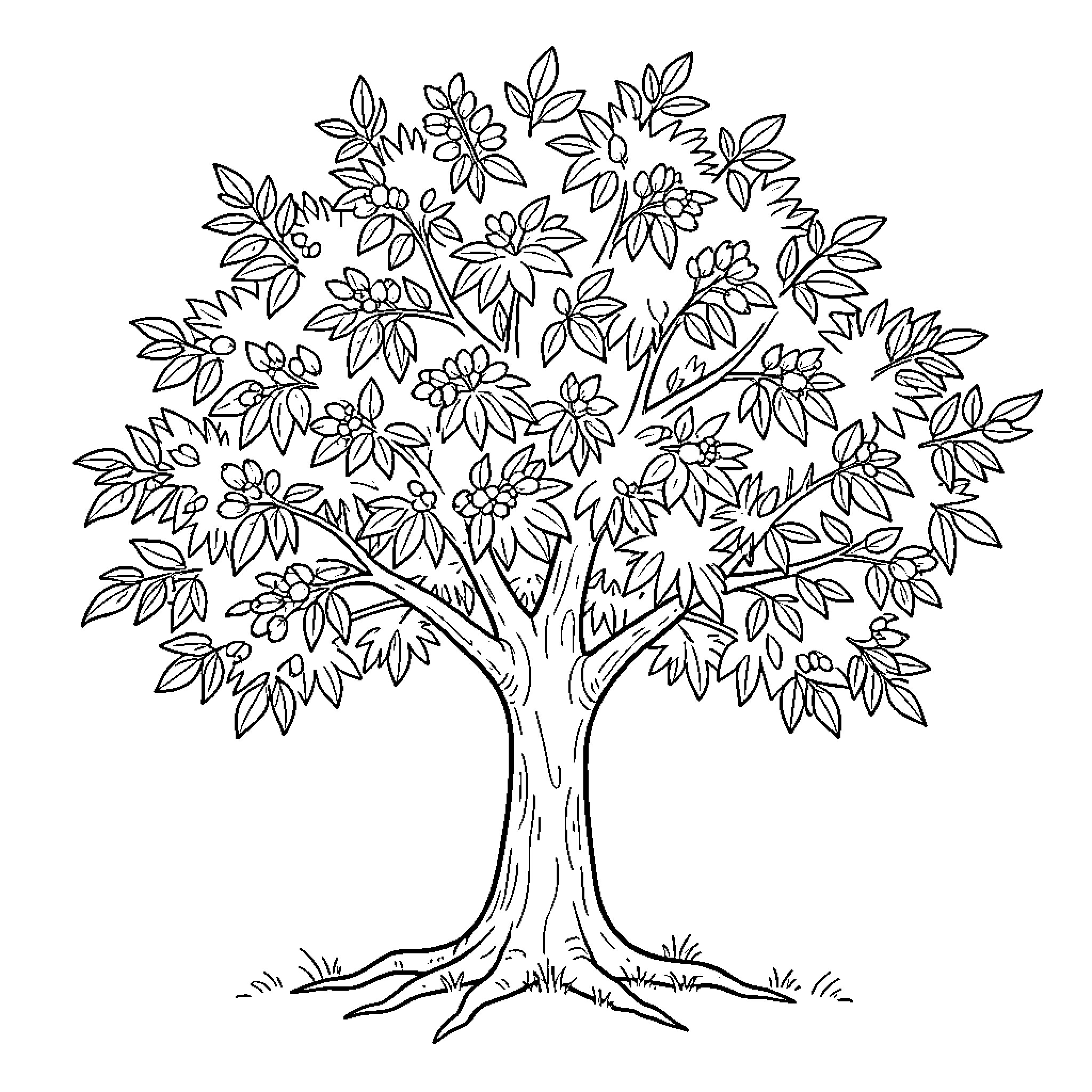 Sophora depicting a lush tree with many leaves and flowers Coloring Page (free black-and-white line drawing printable PDF for all, from beginners to advanced learners, including children, teens, adults, and seniors)