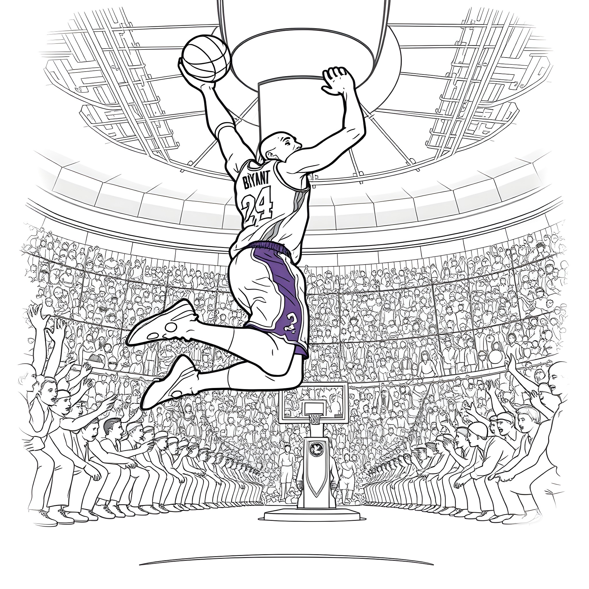 Kobe Bryant Dunking in Basketball Arena Coloring Page (free black-and-white line drawing printable PDF for all, from beginners to advanced learners, including children, teens, adults, and seniors)