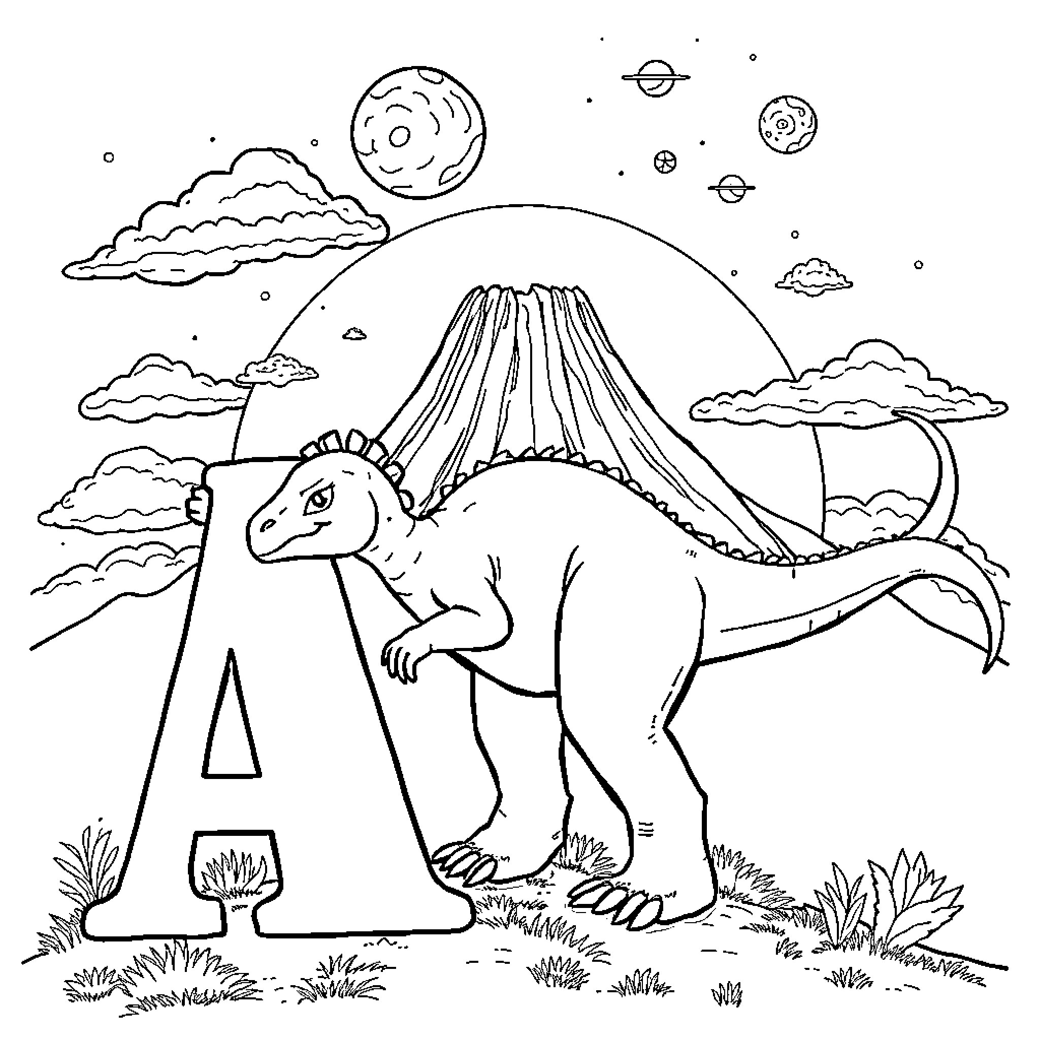 Letter A Dinosaur in Scenic Nature Landscape Coloring Page (free black-and-white line drawing printable PDF for all, from beginners to advanced learners, including children, teens, adults, and seniors)