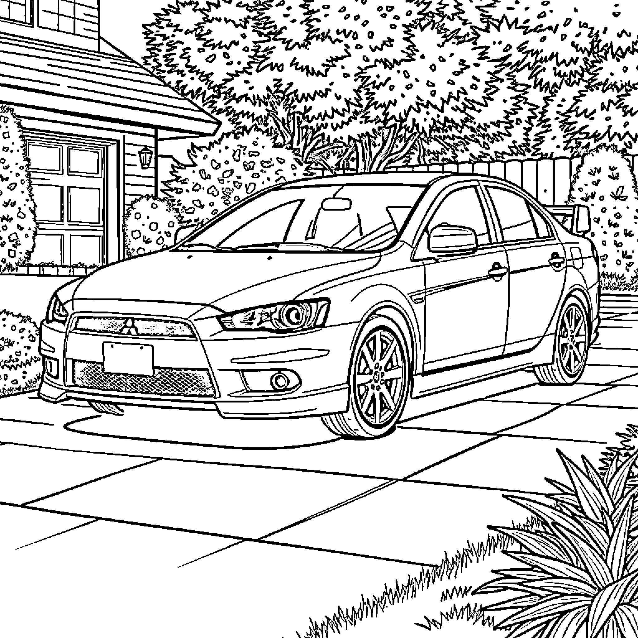 Mitsubishi Lancer parked in front of a house Coloring Page (free black-and-white line drawing printable PDF for all, from beginners to advanced learners, including children, teens, adults, and seniors)