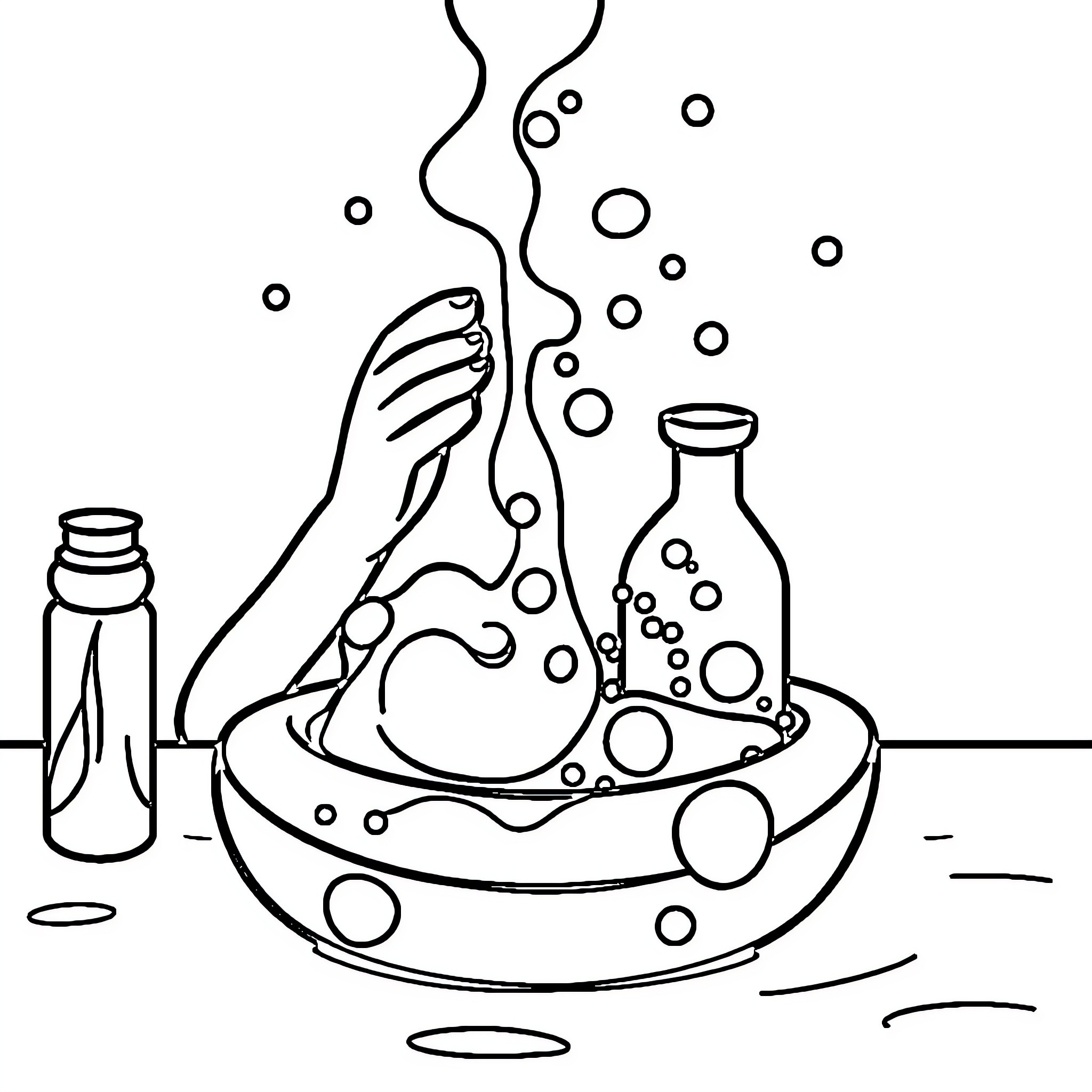 Science Experiment with Colorful Substances Coloring Page (free black-and-white line drawing printable PDF for all, from beginners to advanced learners, including children, teens, adults, and seniors)