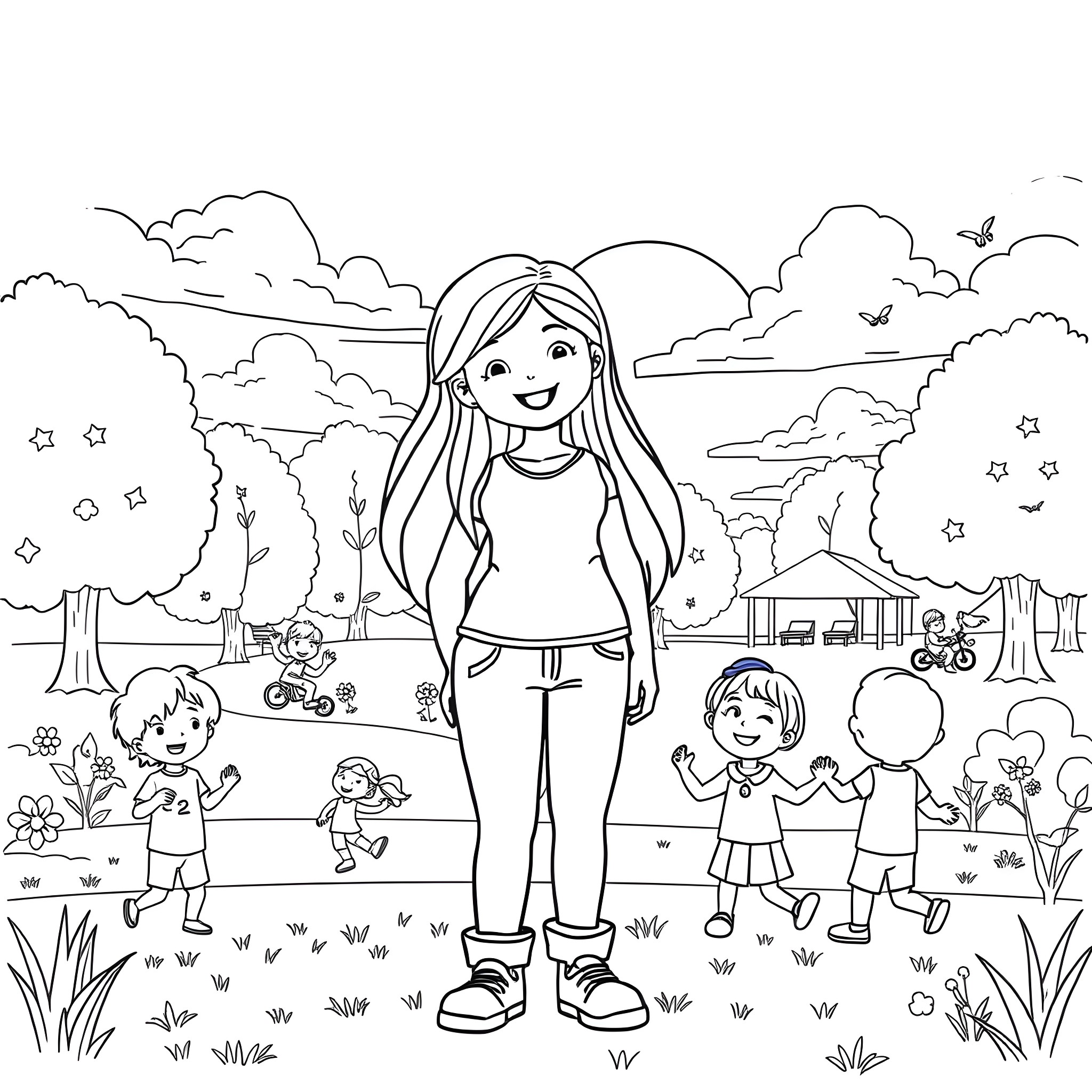 Megan enjoys a day in the park with friends Coloring Page (free black-and-white line drawing printable PDF for all, from beginners to advanced learners, including children, teens, adults, and seniors)
