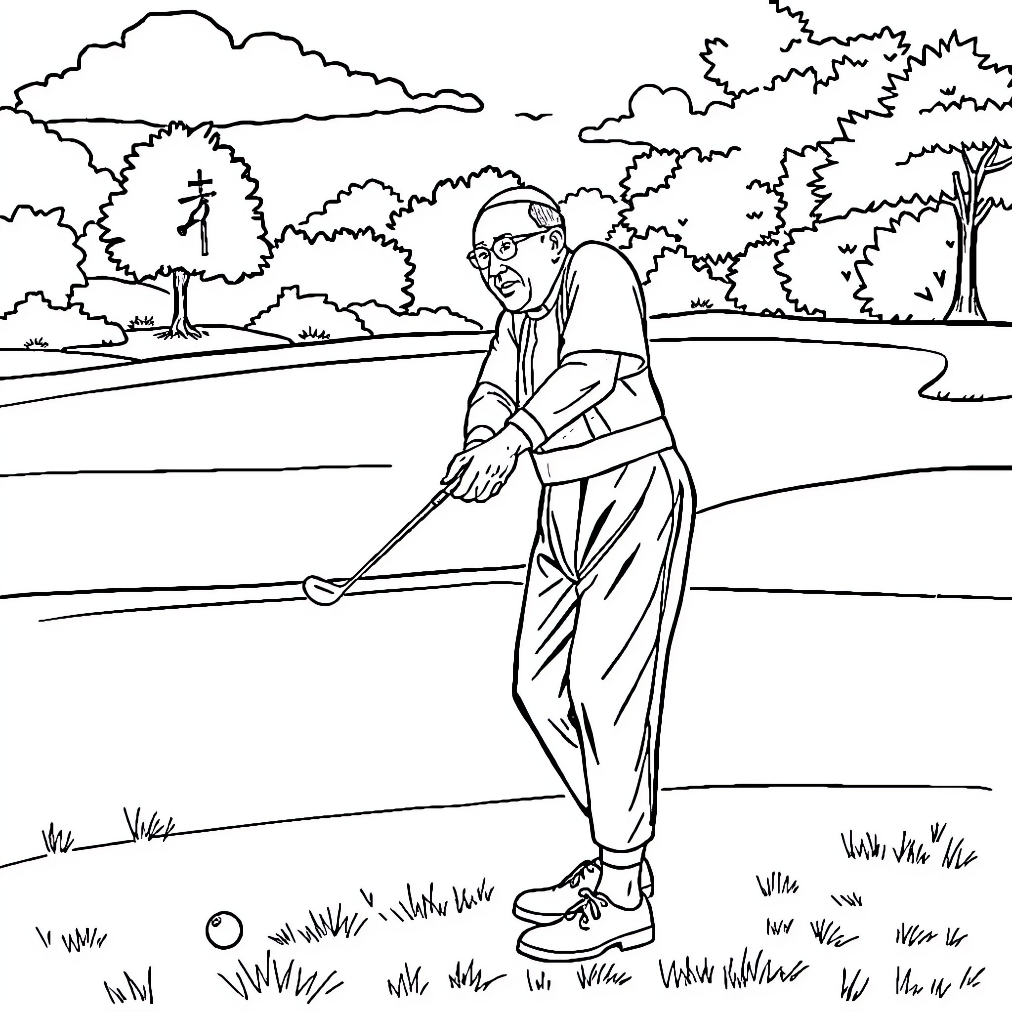 Papa Emeritus enjoying a game of golf in the park Coloring Page (free black-and-white line drawing printable PDF for all, from beginners to advanced learners, including children, teens, adults, and seniors)