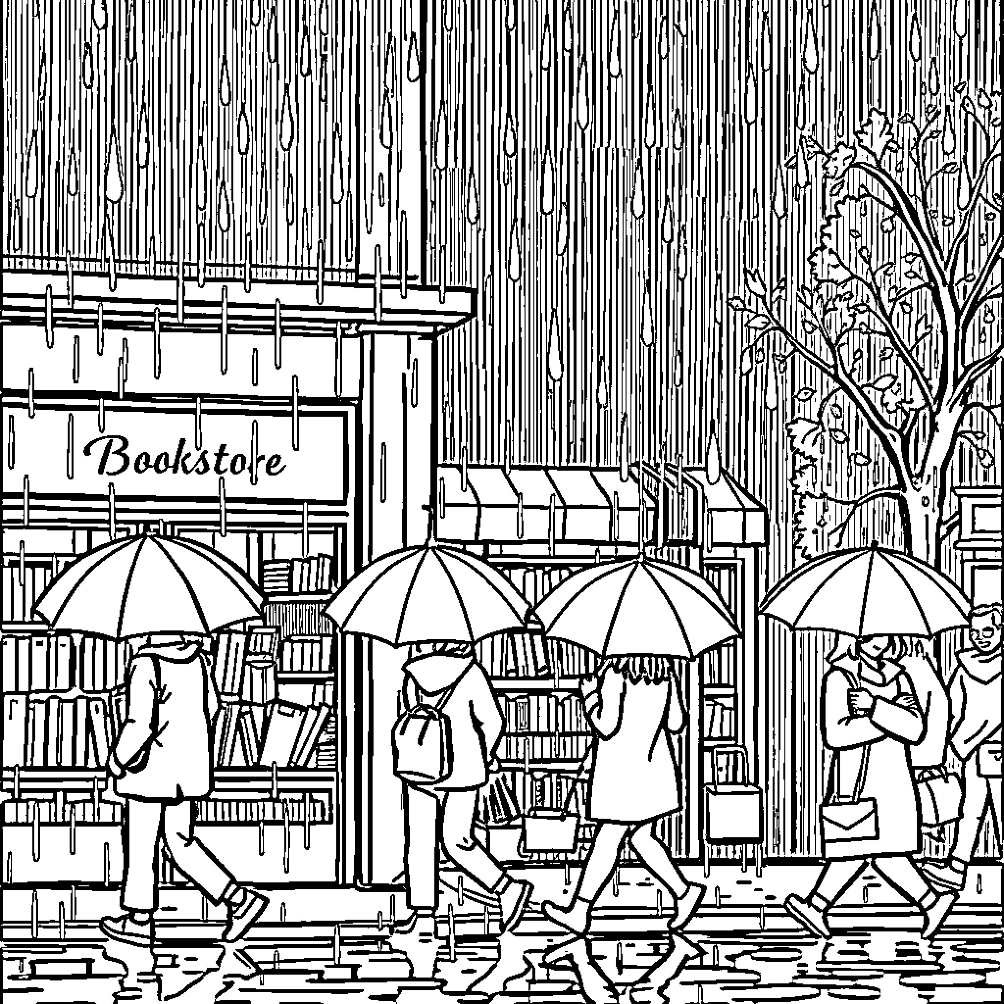 Bookstore Patrons Browsing on a Rainy Day Coloring Page (free black-and-white line drawing printable PDF for all, from beginners to advanced learners, including children, teens, adults, and seniors)