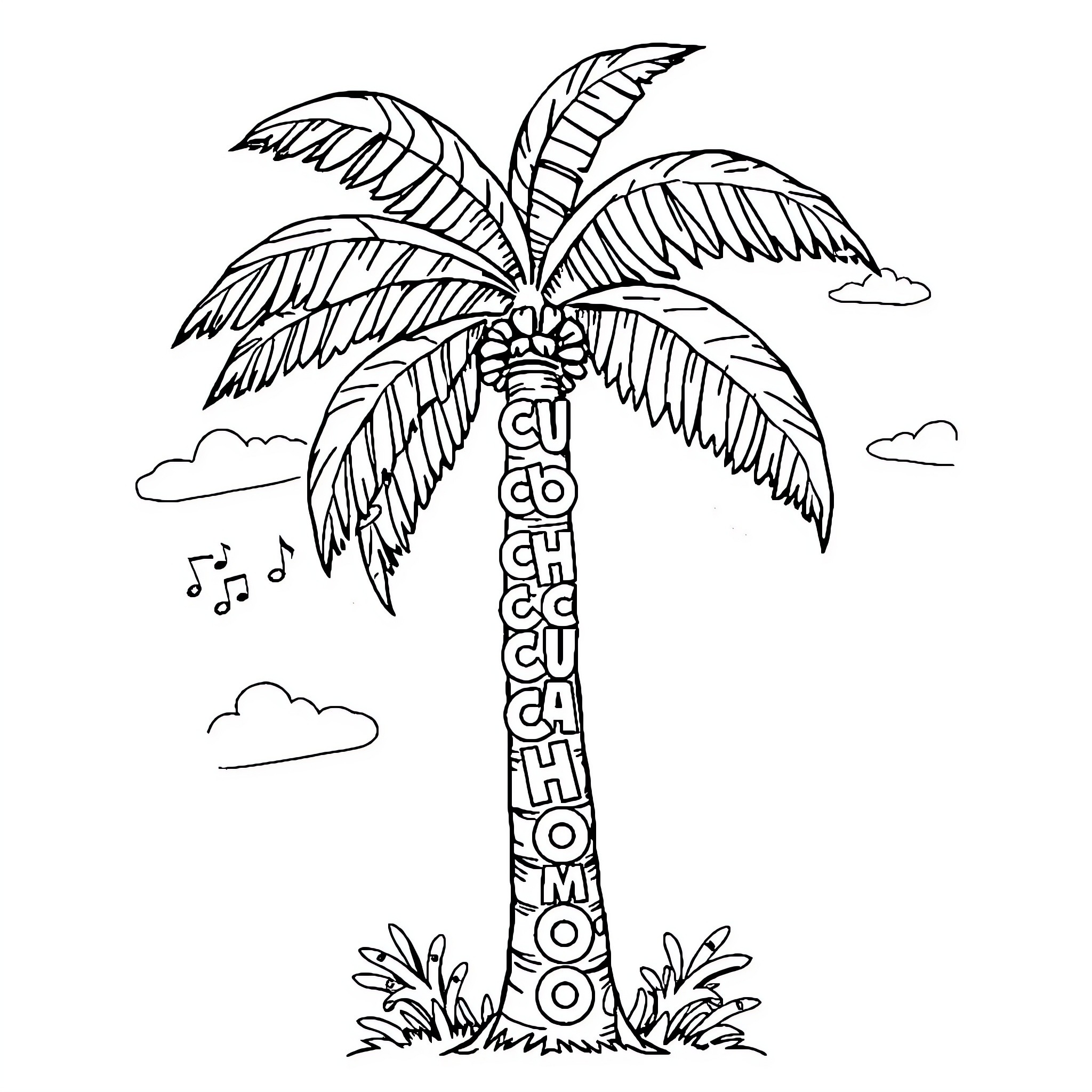 Palm Tree with Playful Silhouettes Coloring Page (free black-and-white line drawing printable PDF for all, from beginners to advanced learners, including children, teens, adults, and seniors)