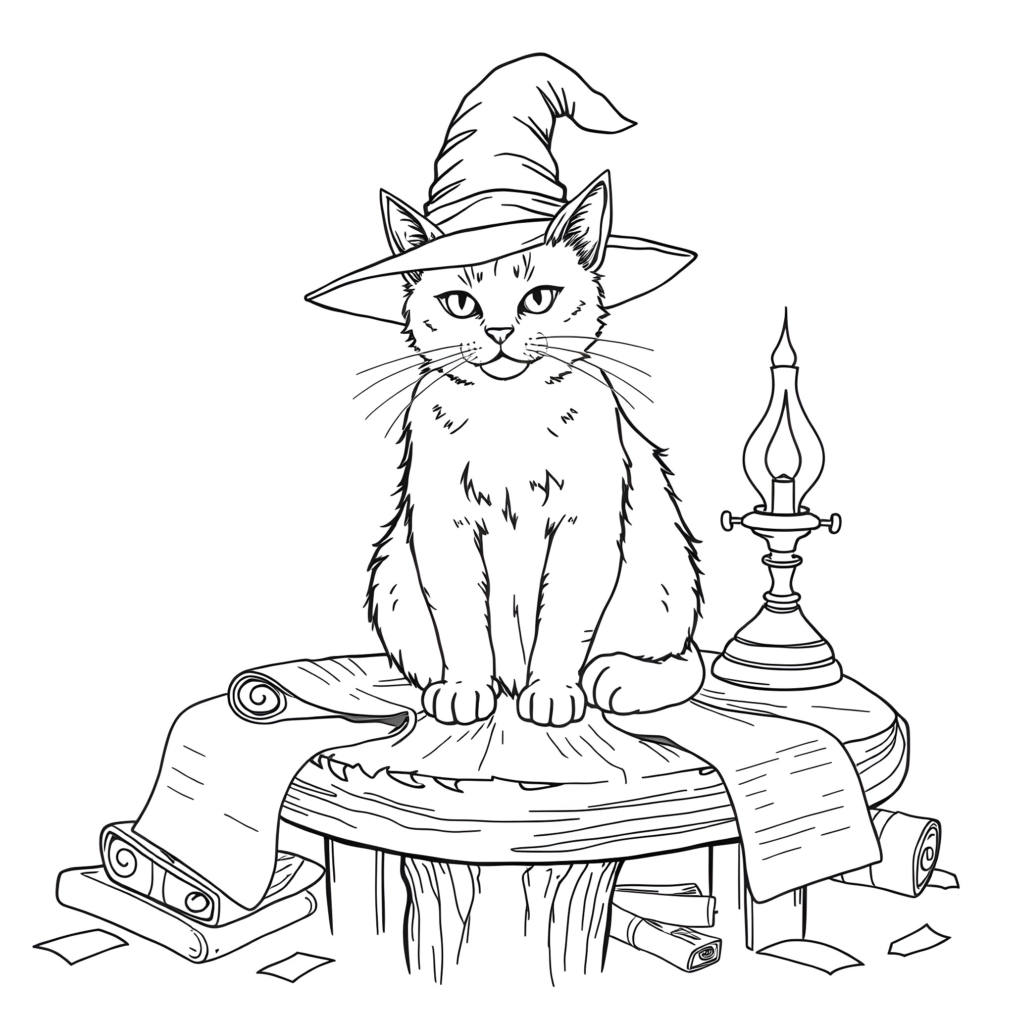 Cat wearing a witch hat with a magic wand Coloring Page (free black-and-white line drawing printable PDF for all, from beginners to advanced learners, including children, teens, adults, and seniors)