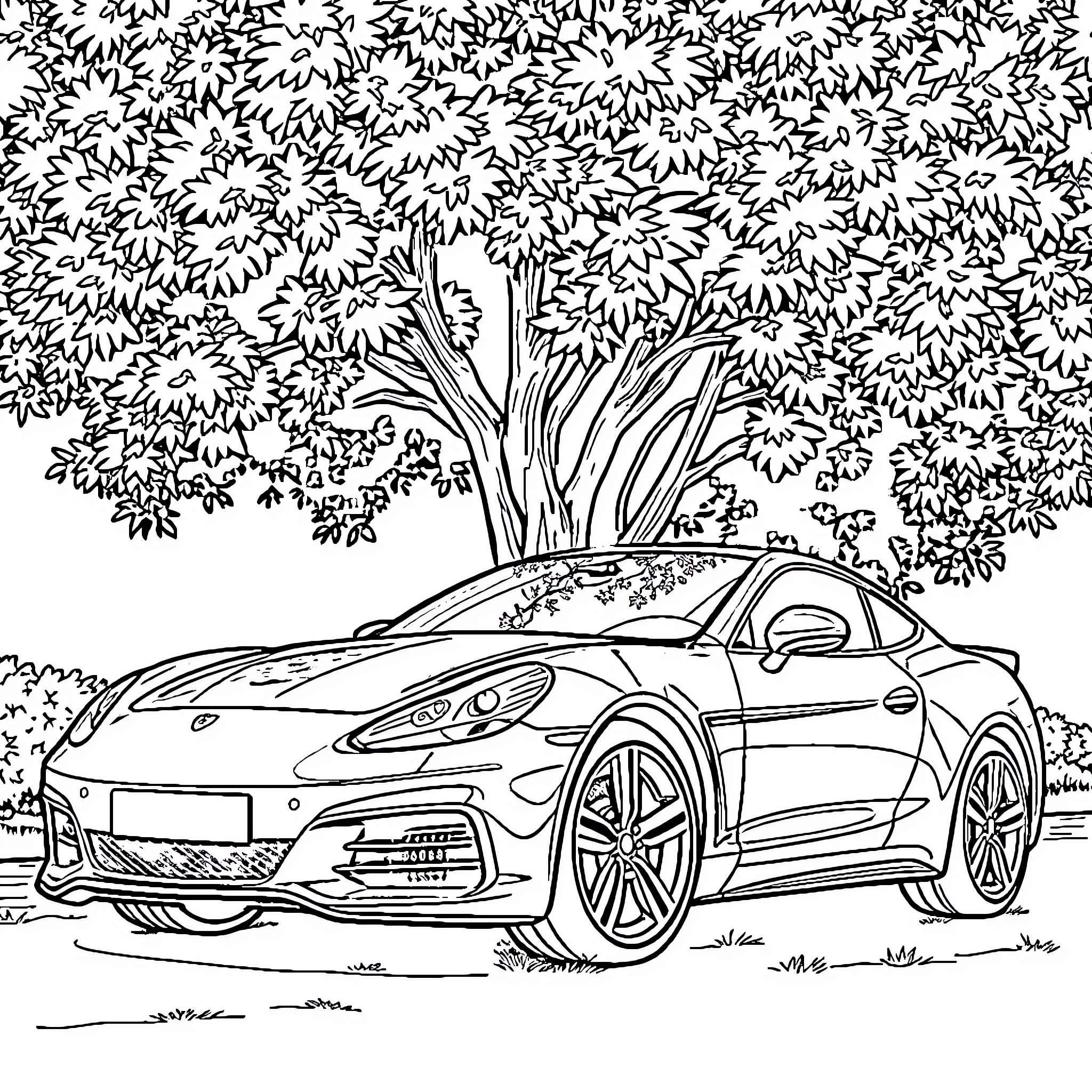 Car parked under a lush tree Coloring Page (free black-and-white line drawing printable PDF for all, from beginners to advanced learners, including children, teens, adults, and seniors)