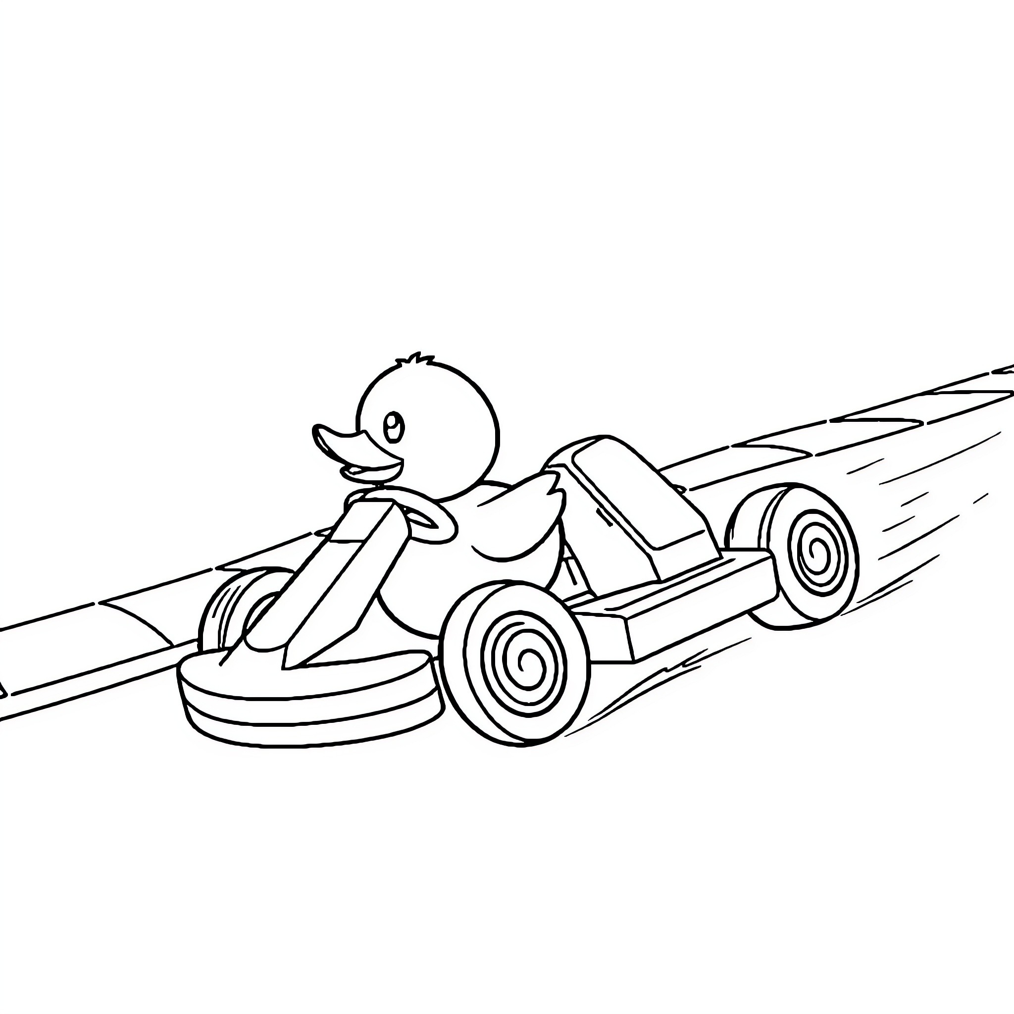 Rubber Duck Driving Whimsical Cartoon Car Coloring Page (free black-and-white line drawing printable PDF for all, from beginners to advanced learners, including children, teens, adults, and seniors)
