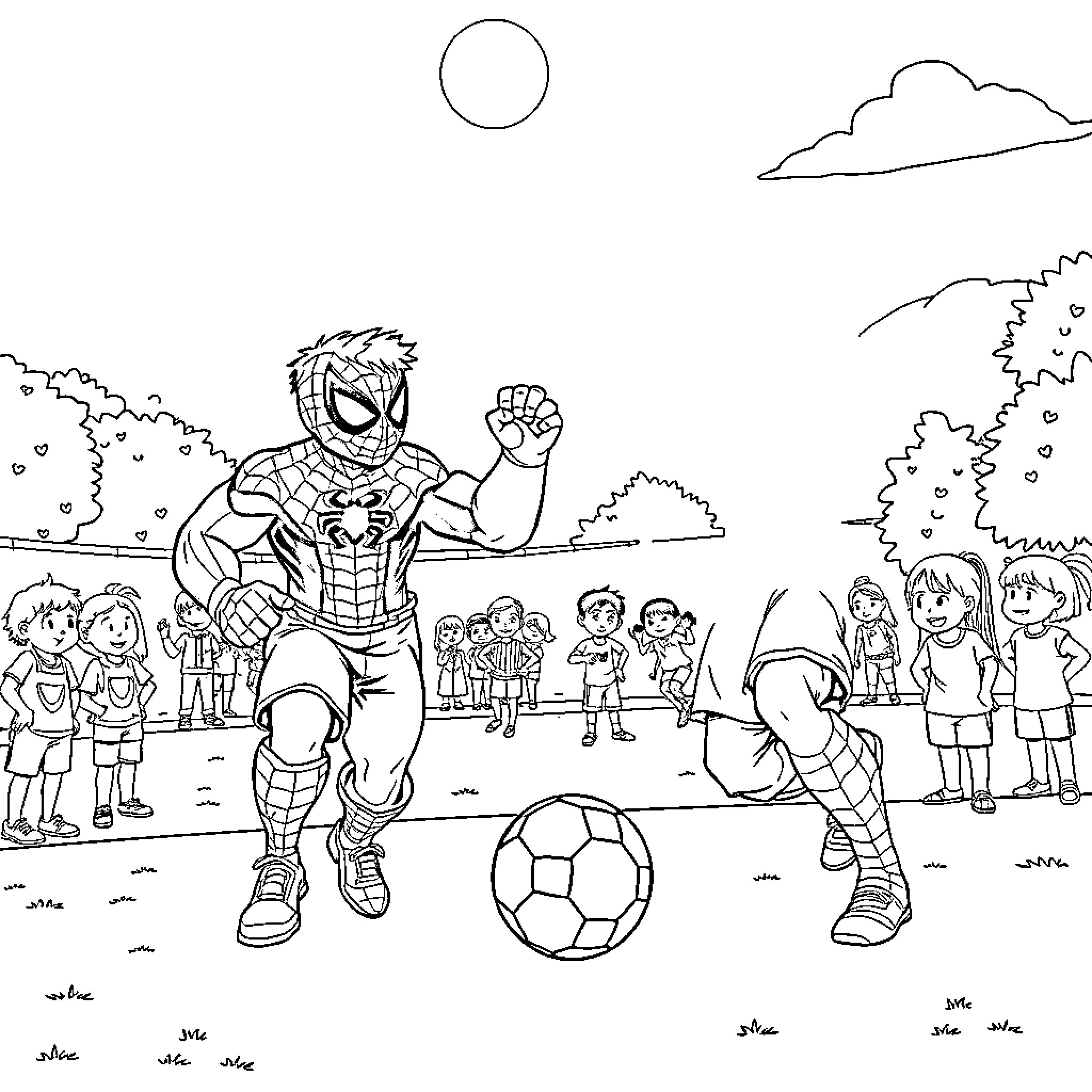 Hulk playing soccer with children in the park Coloring Page (free black-and-white line drawing printable PDF for all, from beginners to advanced learners, including children, teens, adults, and seniors)