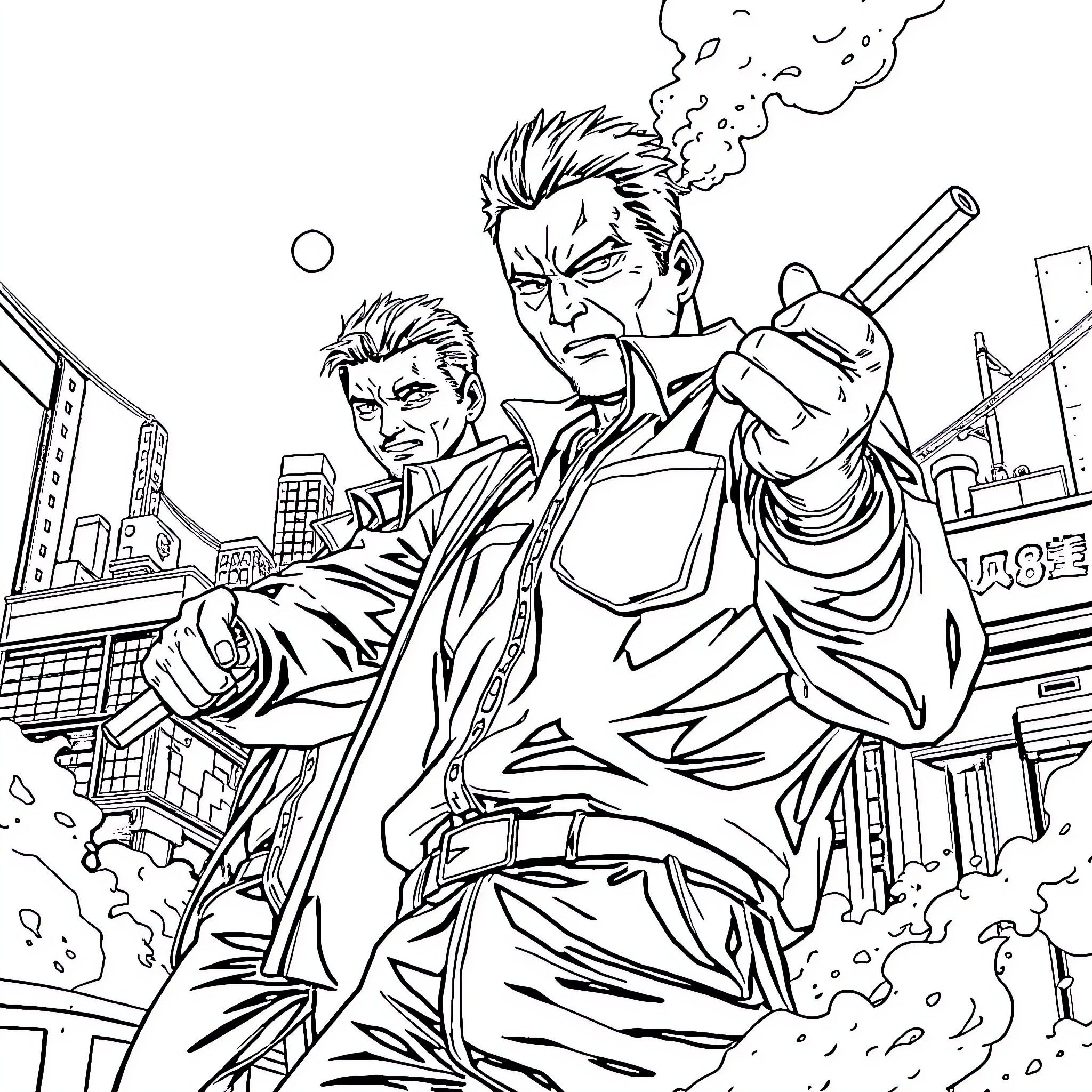 Gachiakuta: Heroic duo in action against the city backdrop Coloring Page (free black-and-white line drawing printable PDF for all, from beginners to advanced learners, including children, teens, adults, and seniors)