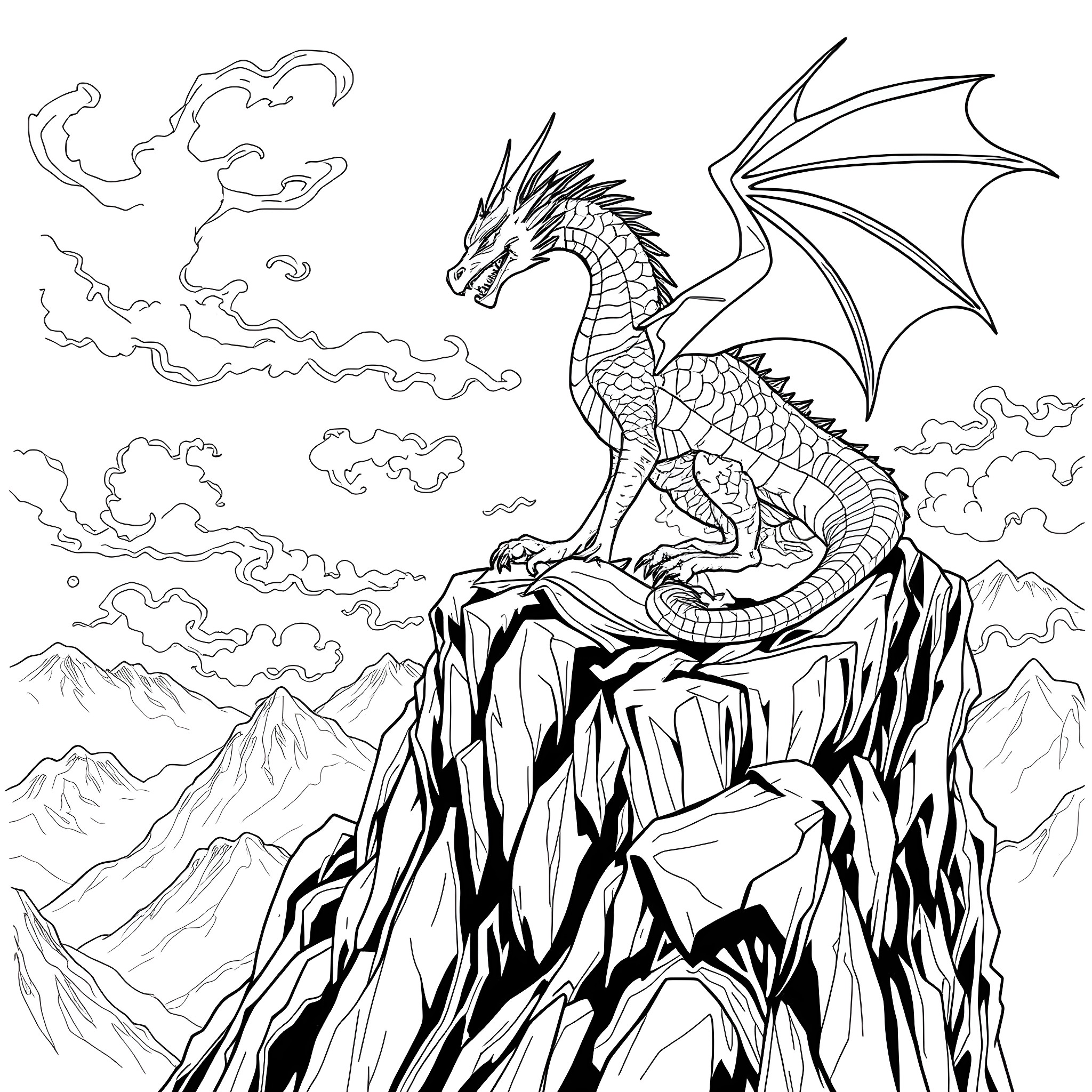 Dragon surveying its domain from atop a mountain peak Coloring Page (free black-and-white line drawing printable PDF for all, from beginners to advanced learners, including children, teens, adults, and seniors)