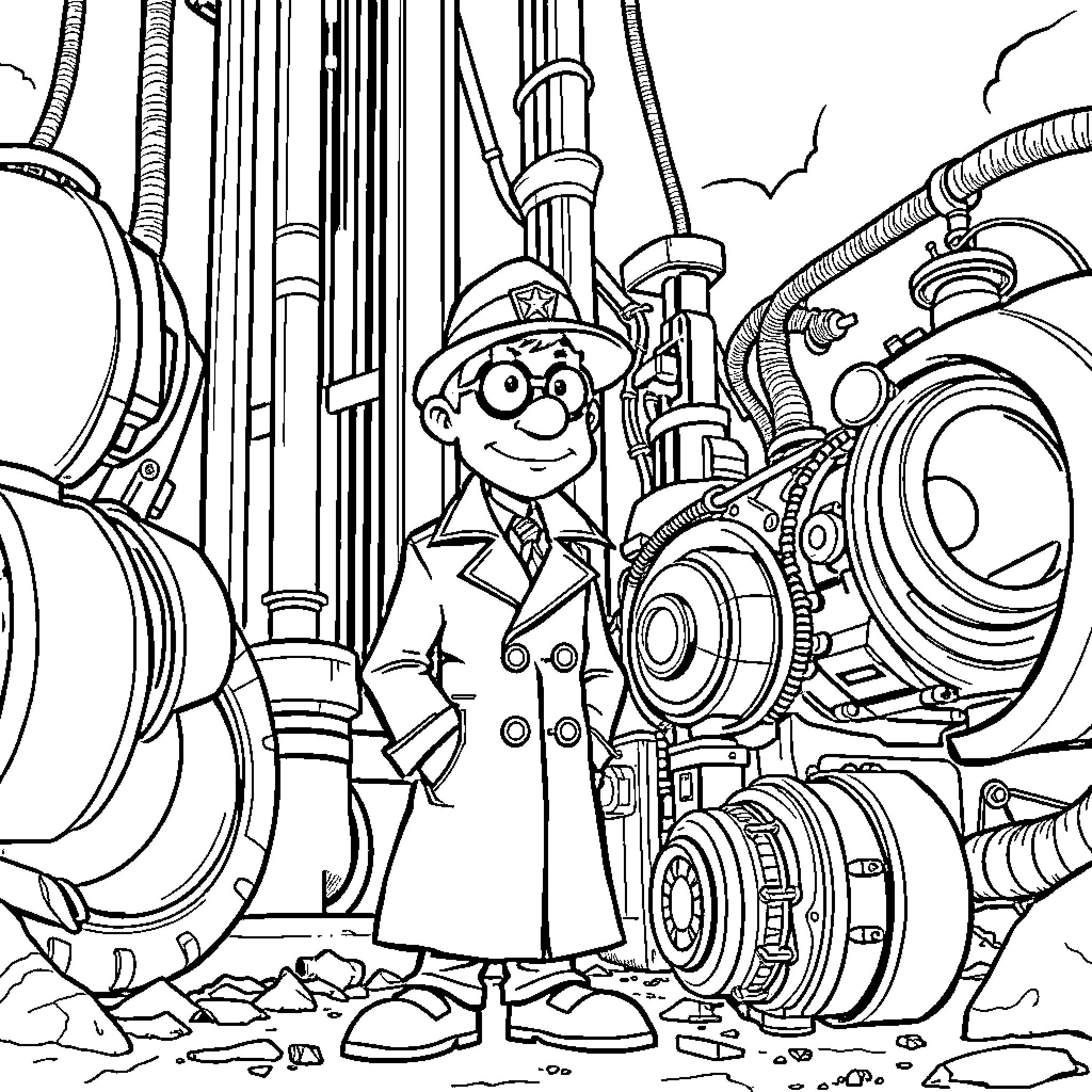 Inspector Gadget's Mechanical Marvel Adventure Coloring Page (free black-and-white line drawing printable PDF for all, from beginners to advanced learners, including children, teens, adults, and seniors)