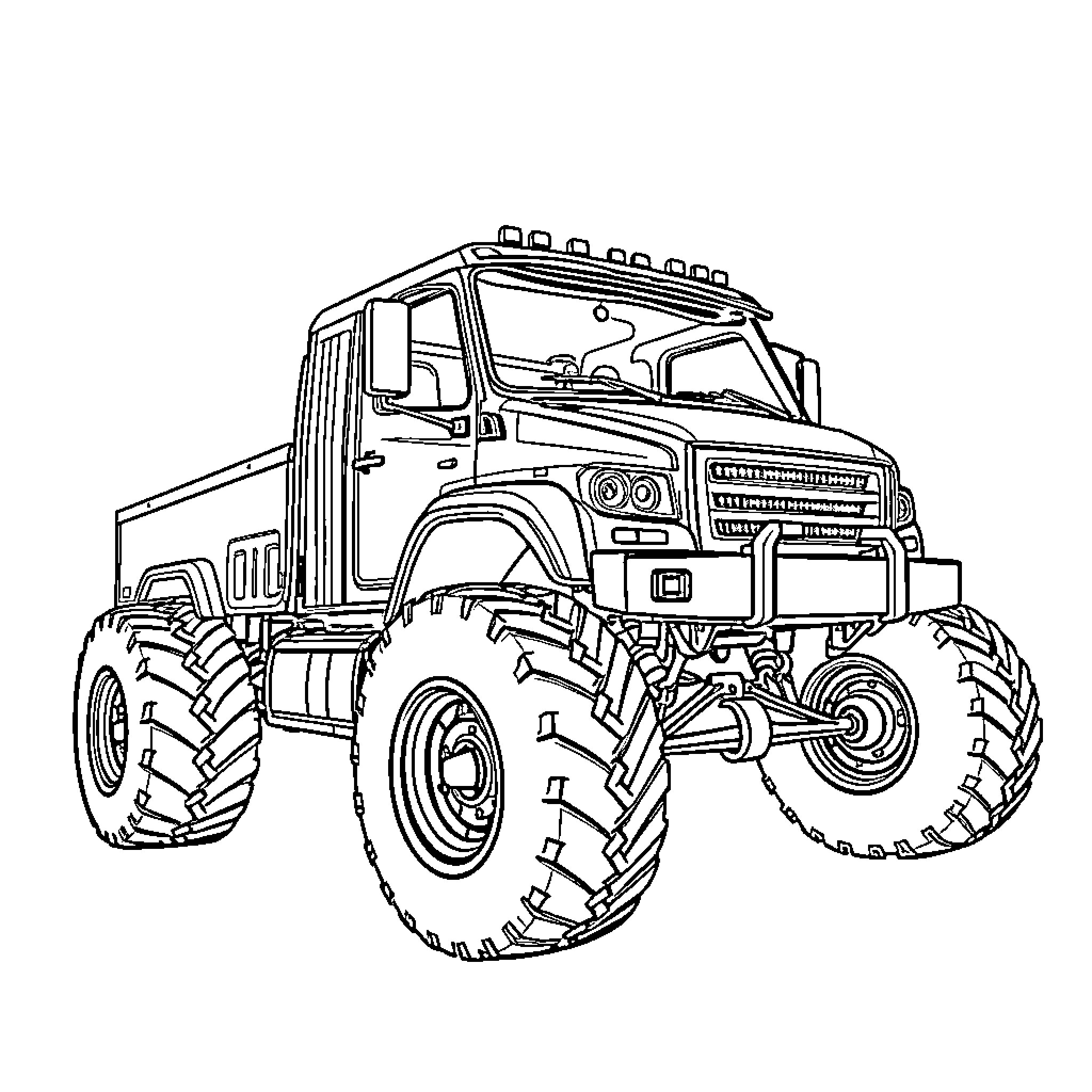 Truck with Large Tires Driving on Rough Terrain Coloring Page (free black-and-white line drawing printable PDF for all, from beginners to advanced learners, including children, teens, adults, and seniors)
