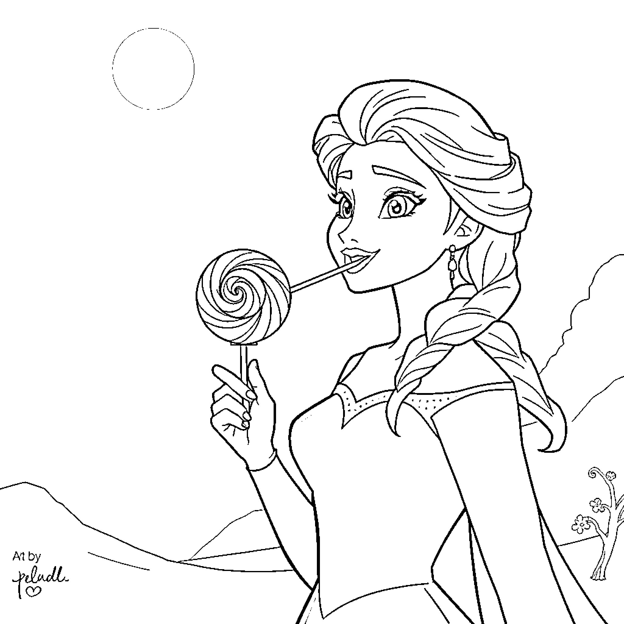 Elsa enjoying a sweet lollipop on a sunny day Coloring Page (free black-and-white line drawing printable PDF for all, from beginners to advanced learners, including children, teens, adults, and seniors)