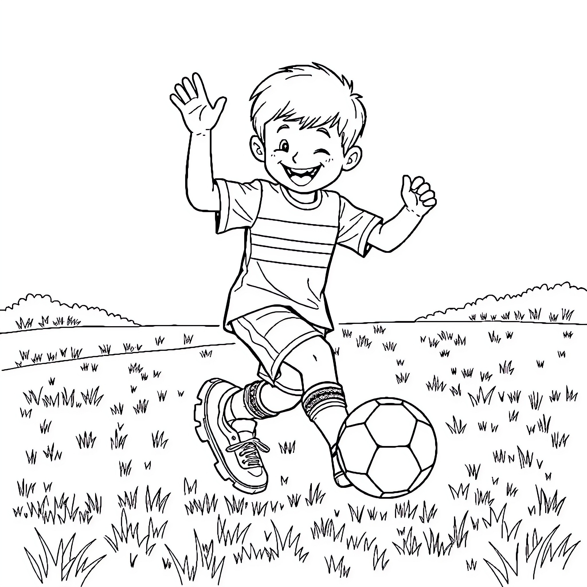 Kid joyfully playing soccer in the park Coloring Page (free black-and-white line drawing printable PDF for all, from beginners to advanced learners, including children, teens, adults, and seniors)