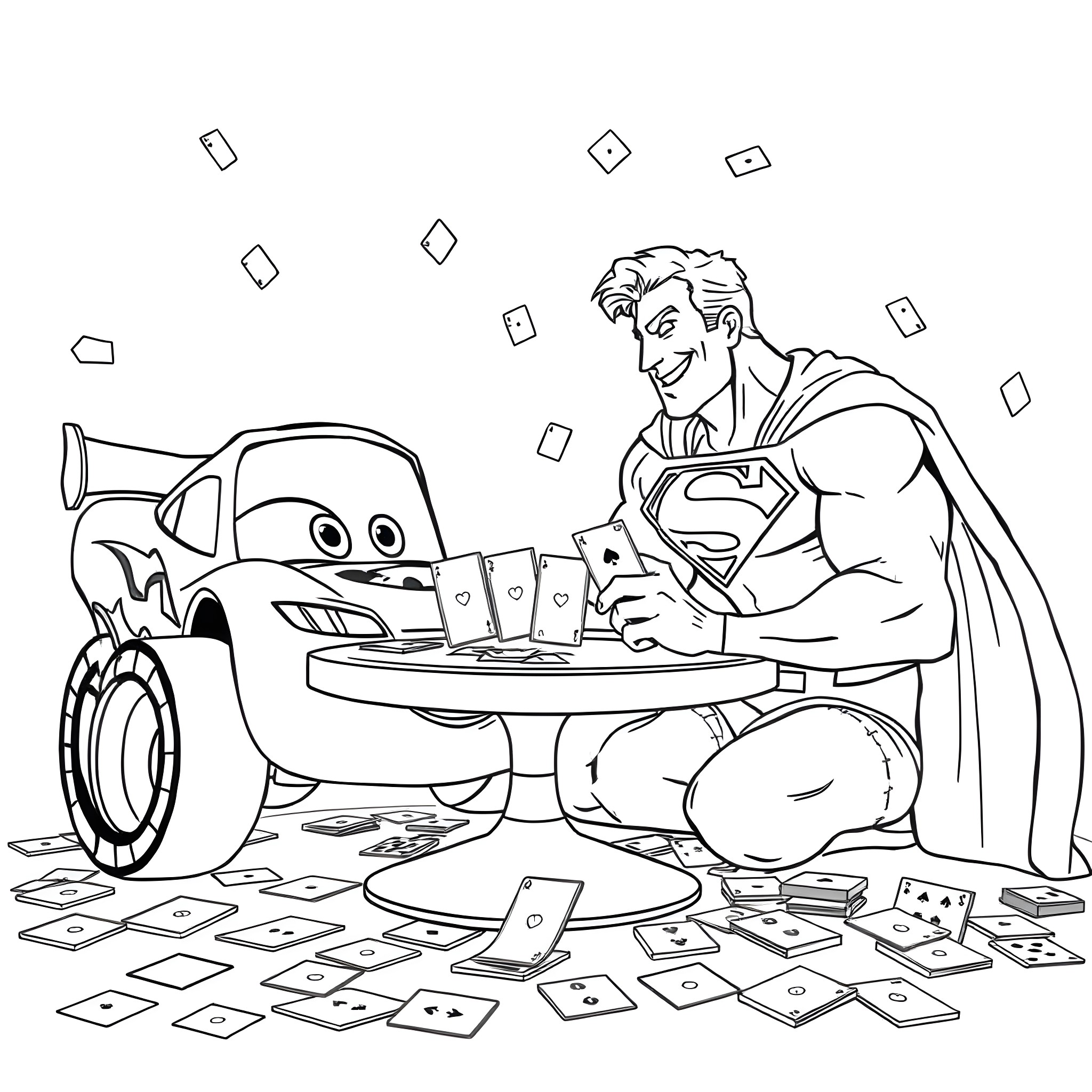 Lightning McQueen and Superman playing cards together Coloring Page (free black-and-white line drawing printable PDF for all, from beginners to advanced learners, including children, teens, adults, and seniors)