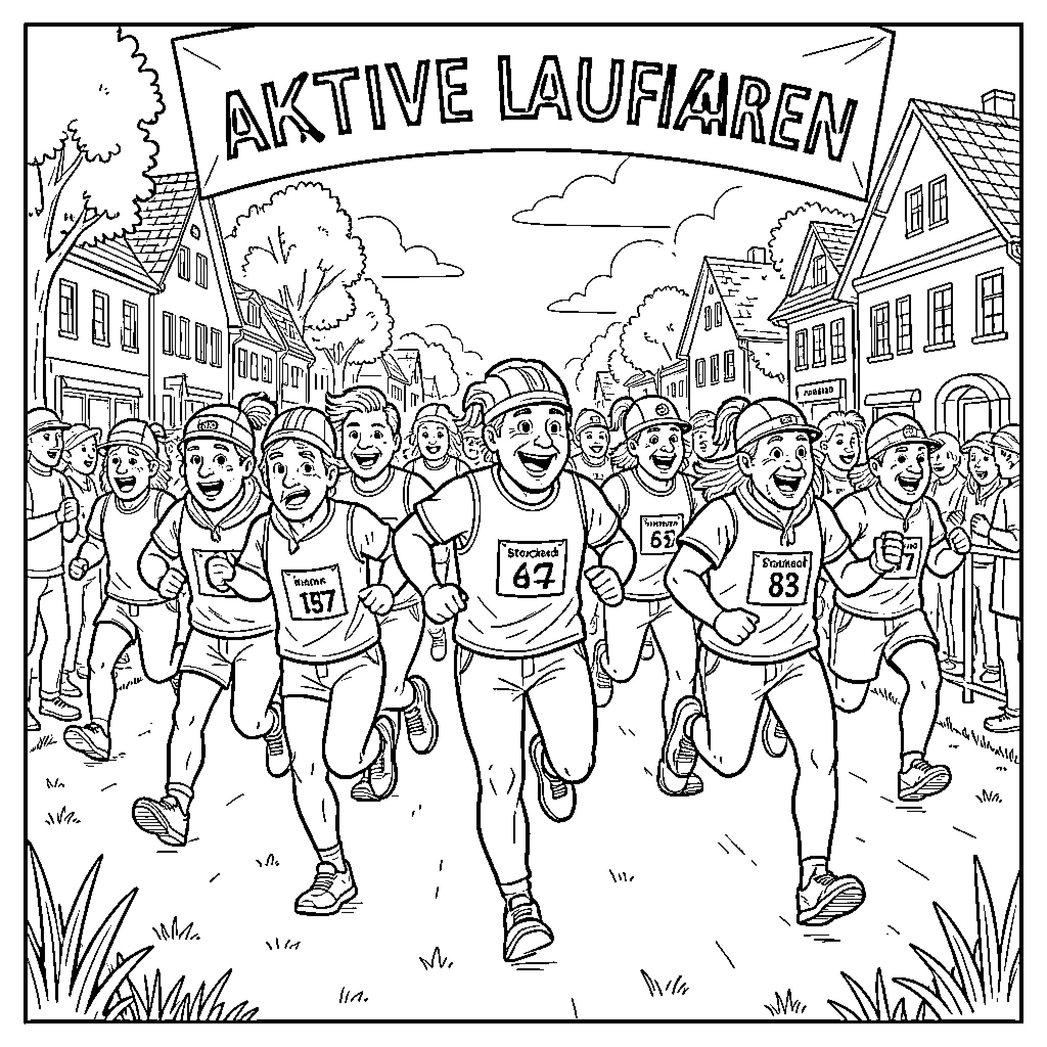 Laufnarren participating in an energetic street race Coloring Page (free black-and-white line drawing printable PDF for all, from beginners to advanced learners, including children, teens, adults, and seniors)