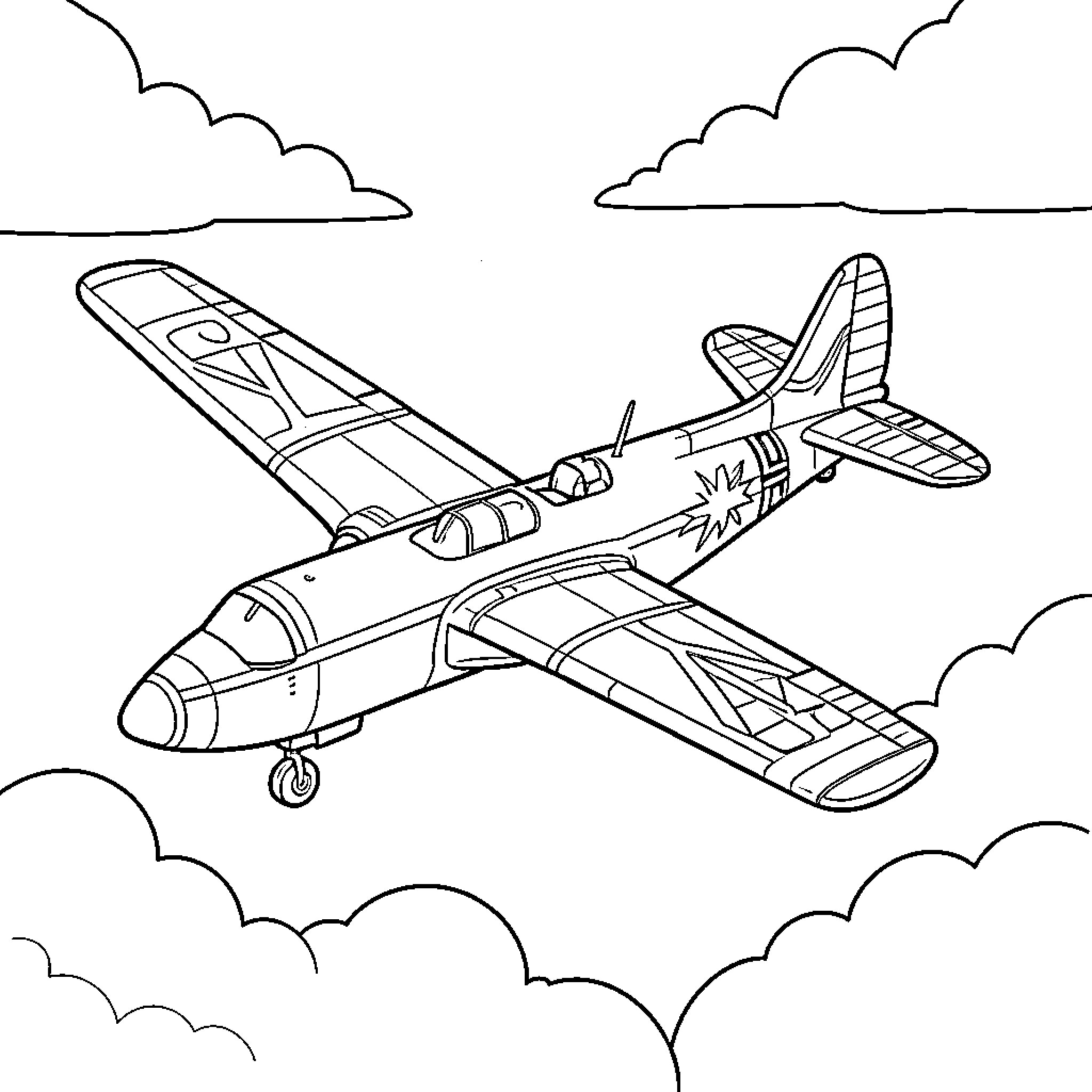 Norwegian Plane flying through the clouds Coloring Page (free black-and-white line drawing printable PDF for all, from beginners to advanced learners, including children, teens, adults, and seniors)