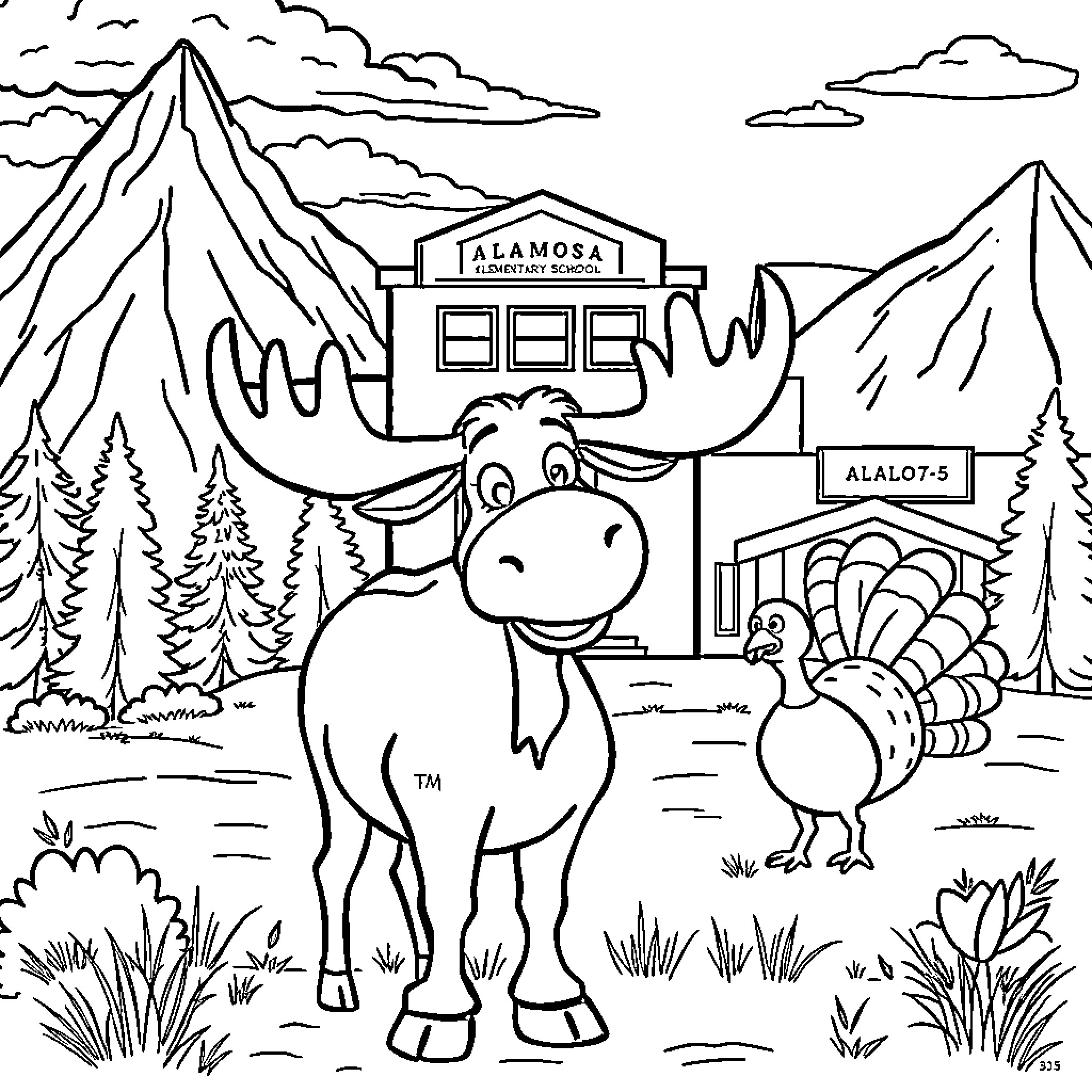 Moose and Turkey Exploring Scenic Mountain Town Coloring Page (free black-and-white line drawing printable PDF for all, from beginners to advanced learners, including children, teens, adults, and seniors)