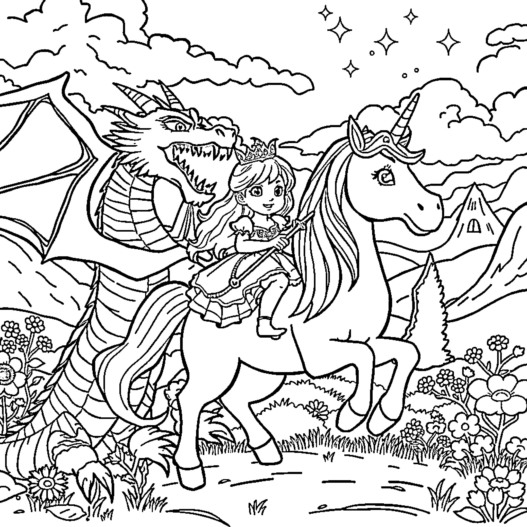 Princess riding a unicorn with a dragon in the fantasy landscape Coloring Page (free black-and-white line drawing printable PDF for all, from beginners to advanced learners, including children, teens, adults, and seniors)