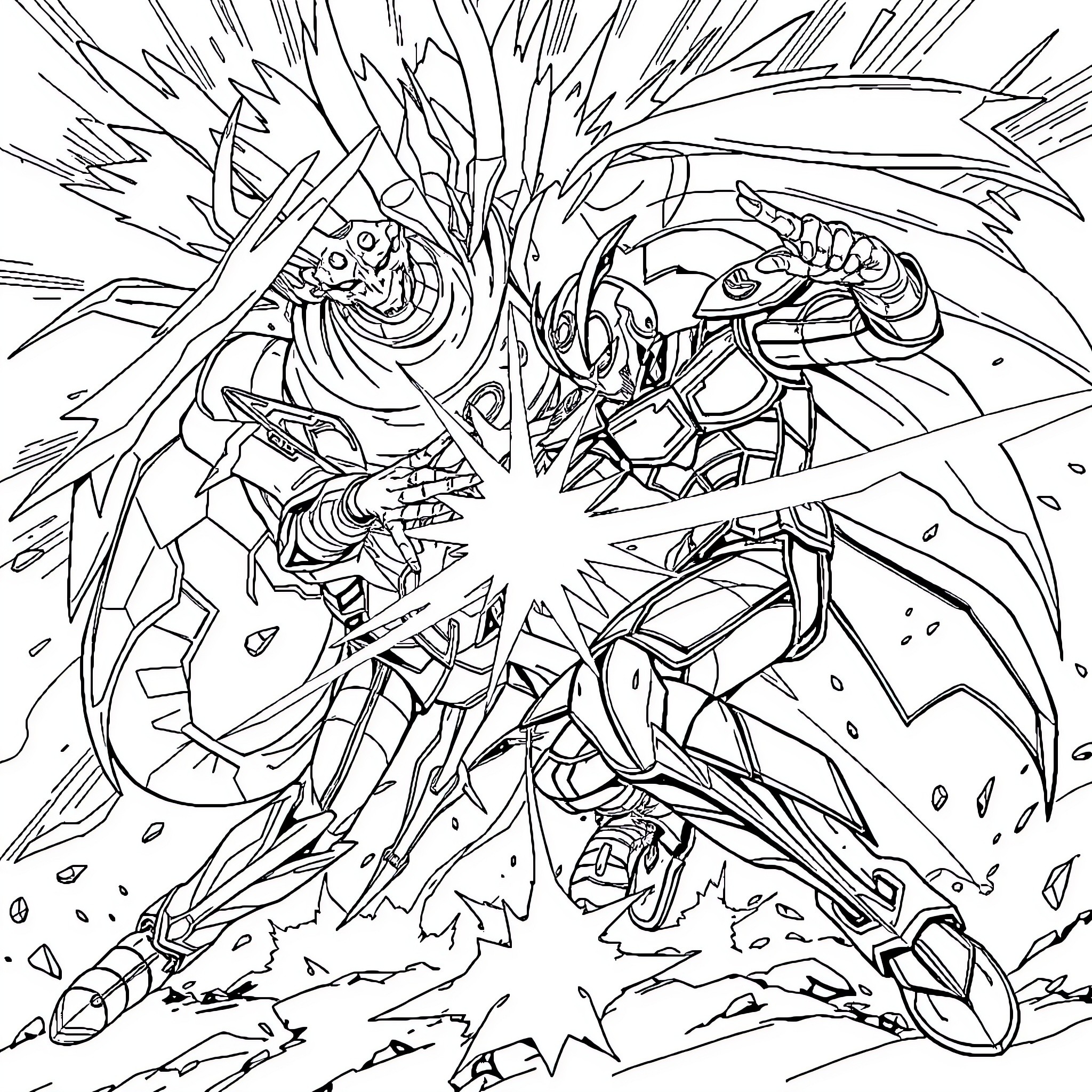 Kamen Rider Facing Dangerous Adversary in Epic Clash Coloring Page (free black-and-white line drawing printable PDF for all, from beginners to advanced learners, including children, teens, adults, and seniors)