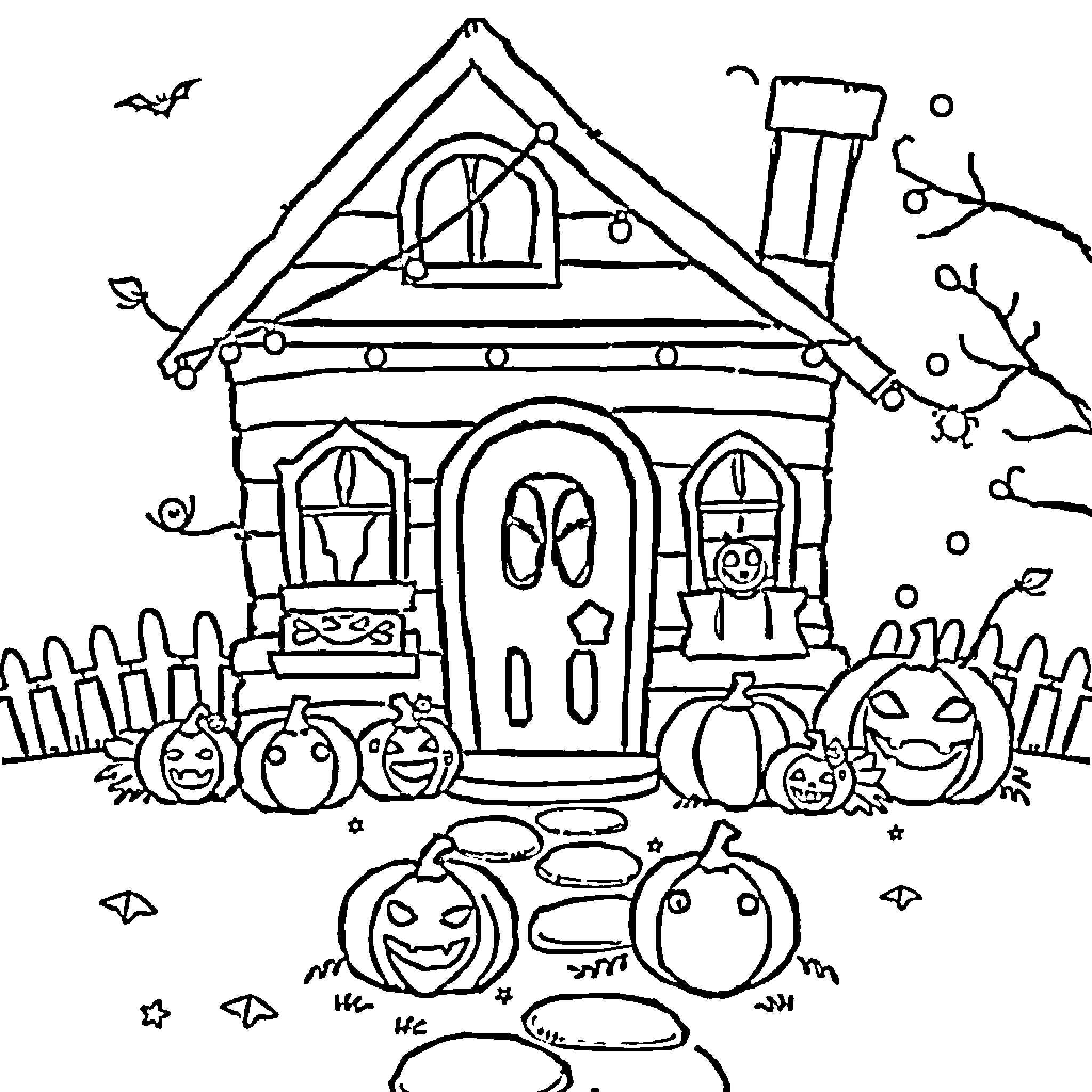Gabby's Playhouse: Spooky Halloween House with Pumpkins Coloring Page (free black-and-white line drawing printable PDF for all, from beginners to advanced learners, including children, teens, adults, and seniors)