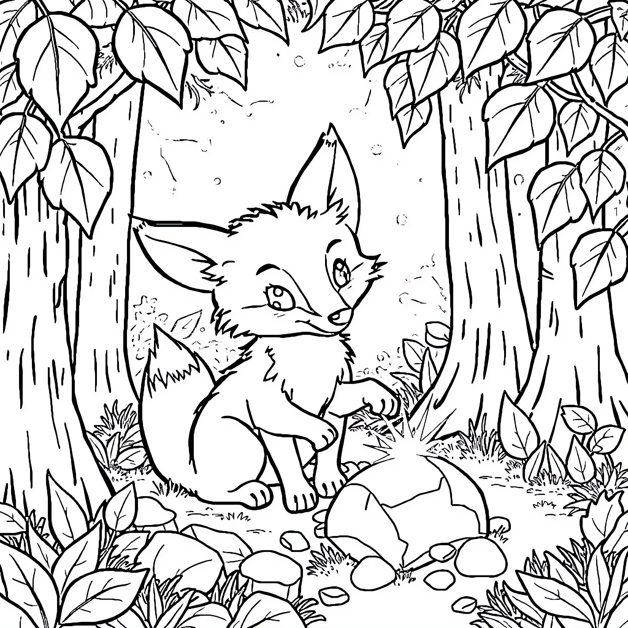 Fox exploring the enchanted forest Coloring Page (free black-and-white line drawing printable PDF for all, from beginners to advanced learners, including children, teens, adults, and seniors)
