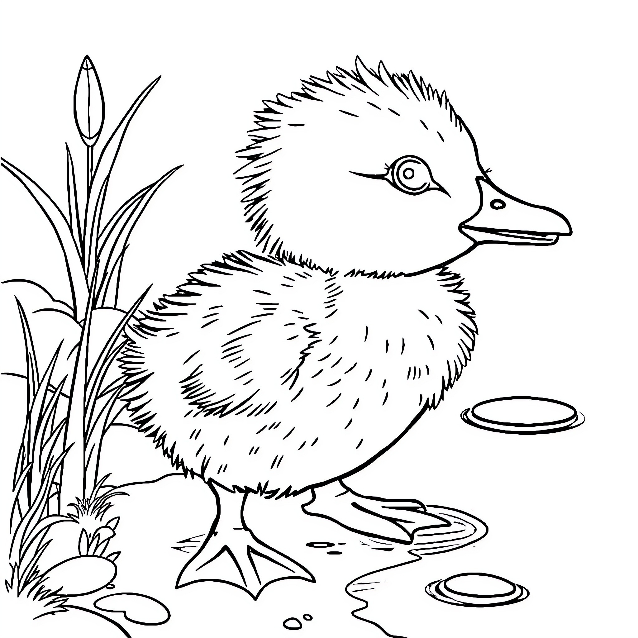 Duck wading in pond with lily pads Coloring Page (free black-and-white line drawing printable PDF for all, from beginners to advanced learners, including children, teens, adults, and seniors)