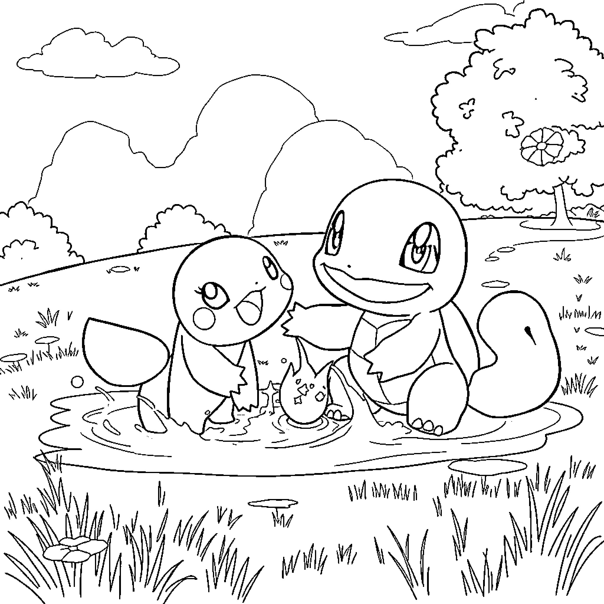 Squirtle enjoying a pond with friends Coloring Page (free black-and-white line drawing printable PDF for all, from beginners to advanced learners, including children, teens, adults, and seniors)