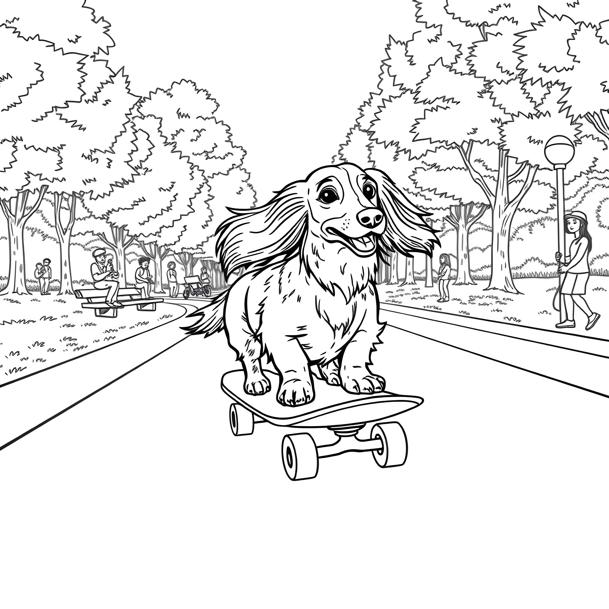 Dachshund riding a skateboard in the park Coloring Page (free black-and-white line drawing printable PDF for all, from beginners to advanced learners, including children, teens, adults, and seniors)