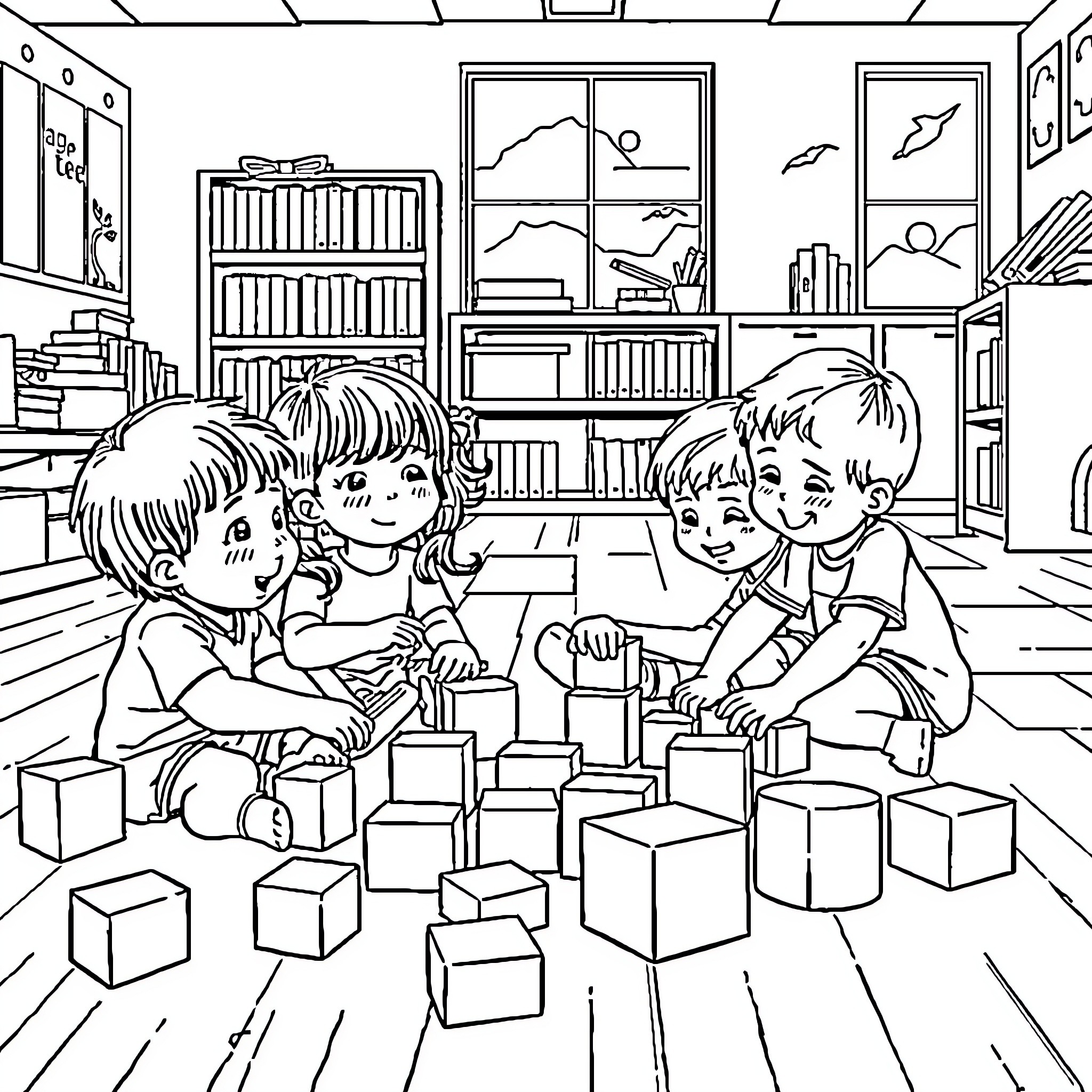 Kid playing with blocks in classroom Coloring Page (free black-and-white line drawing printable PDF for all, from beginners to advanced learners, including children, teens, adults, and seniors)