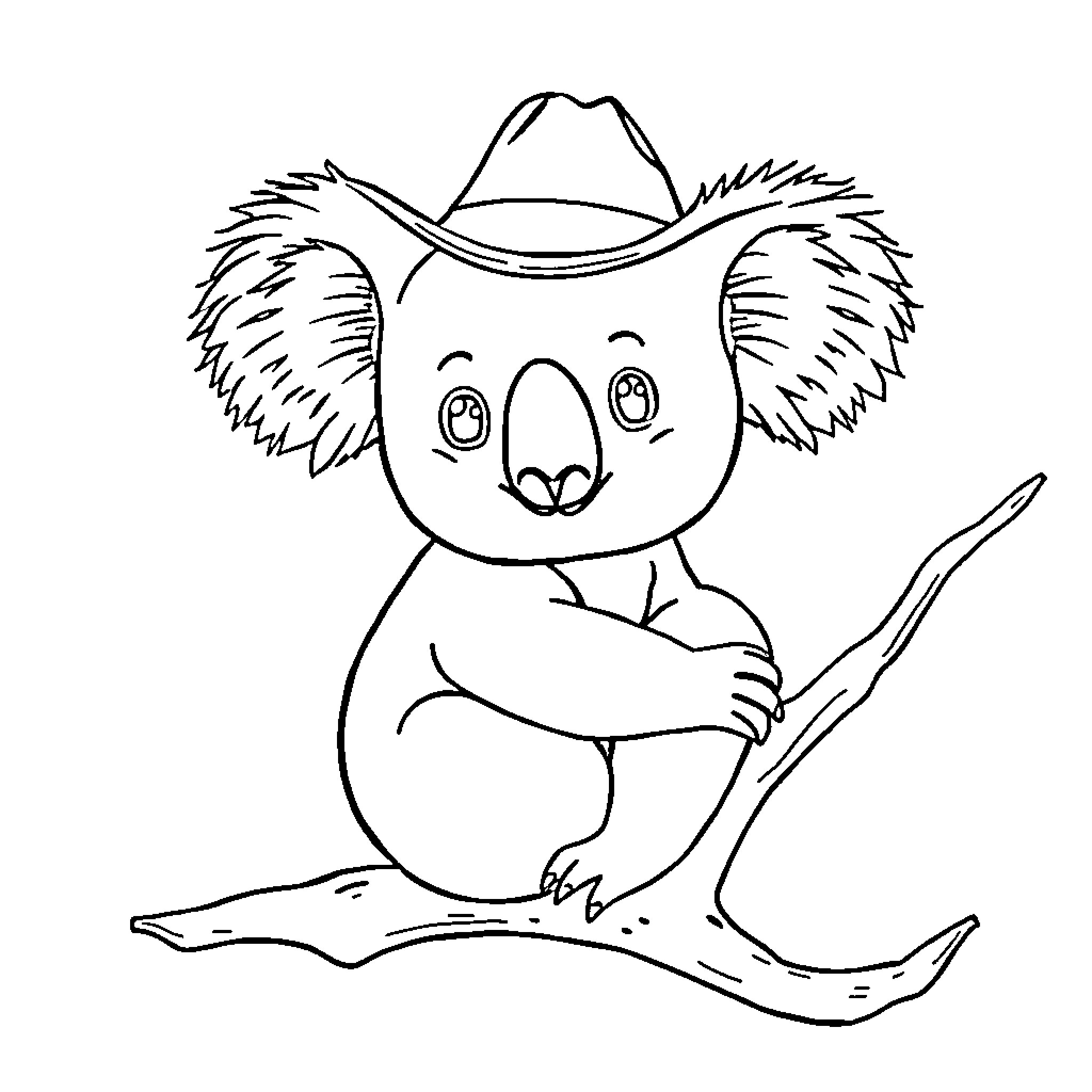 Koala wearing a cowboy hat and relaxing Coloring Page (free black-and-white line drawing printable PDF for all, from beginners to advanced learners, including children, teens, adults, and seniors)