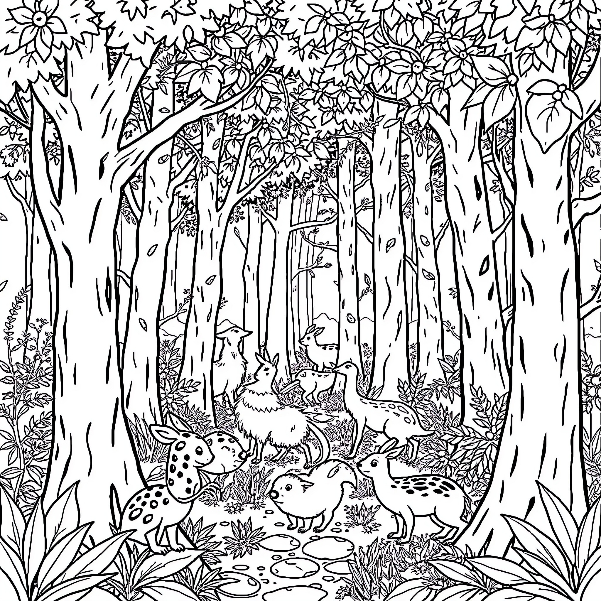Forest Animals Playing in the Enchanted Woods Coloring Page (free black-and-white line drawing printable PDF for all, from beginners to advanced learners, including children, teens, adults, and seniors)
