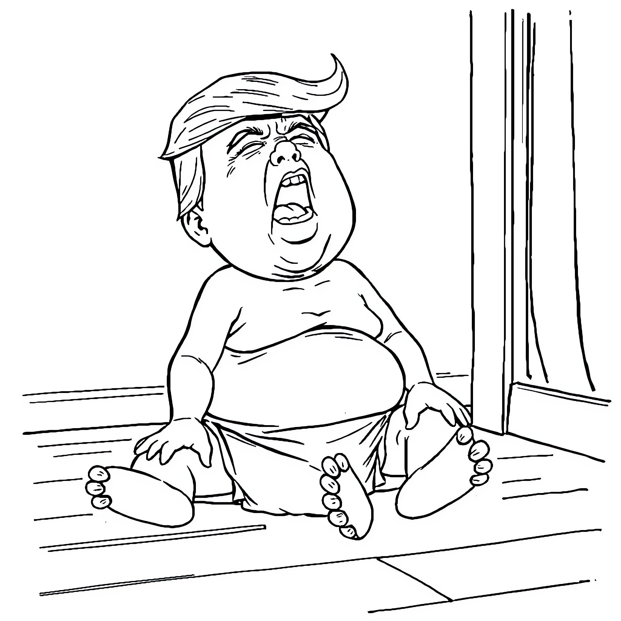 Donald Trump in an exaggerated caricature Coloring Page (free black-and-white line drawing printable PDF for all, from beginners to advanced learners, including children, teens, adults, and seniors)