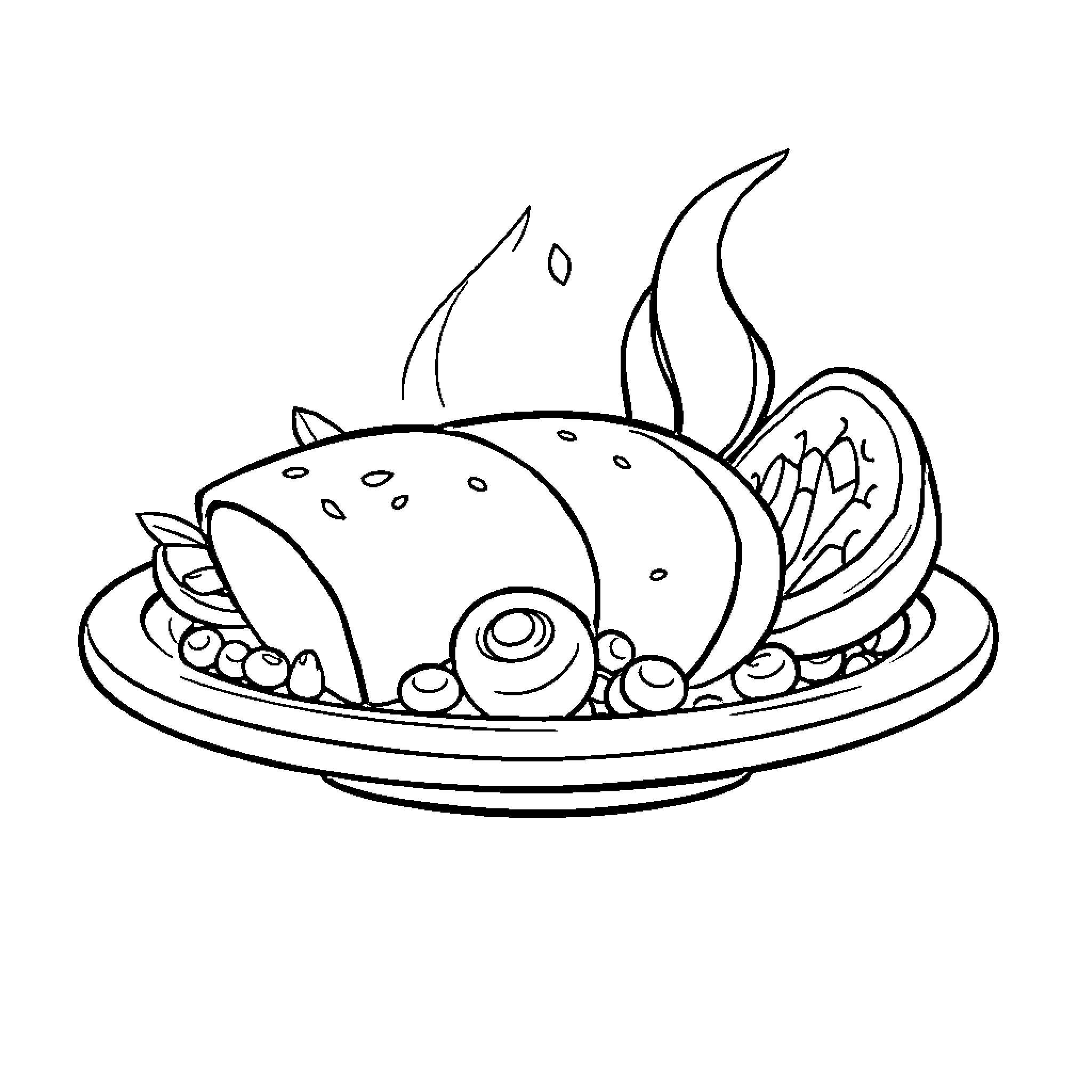 Recipe for a Delightful Fish Dish Coloring Page (free black-and-white line drawing printable PDF for all, from beginners to advanced learners, including children, teens, adults, and seniors)