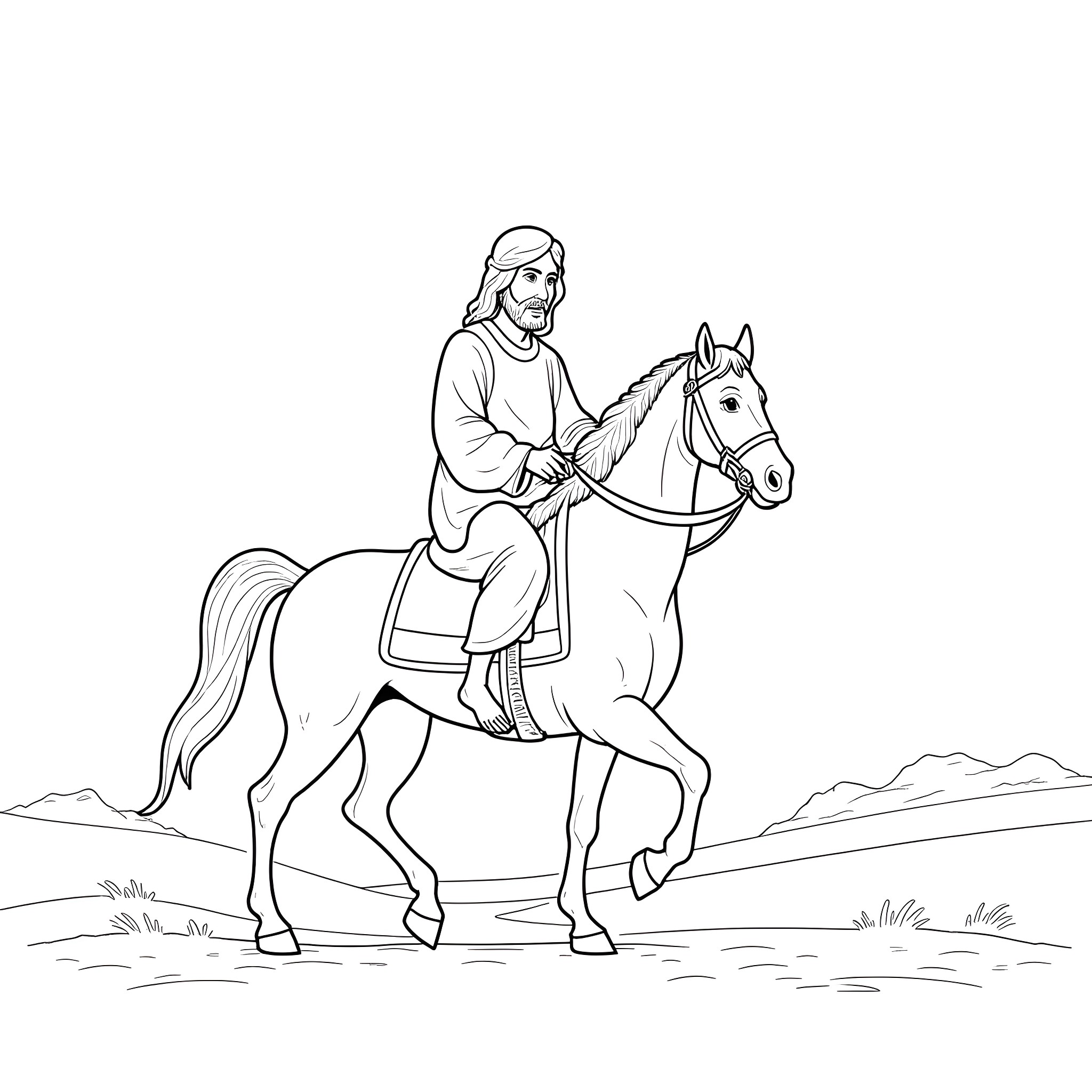 Jesus riding a horse through the countryside Coloring Page (free black-and-white line drawing printable PDF for all, from beginners to advanced learners, including children, teens, adults, and seniors)