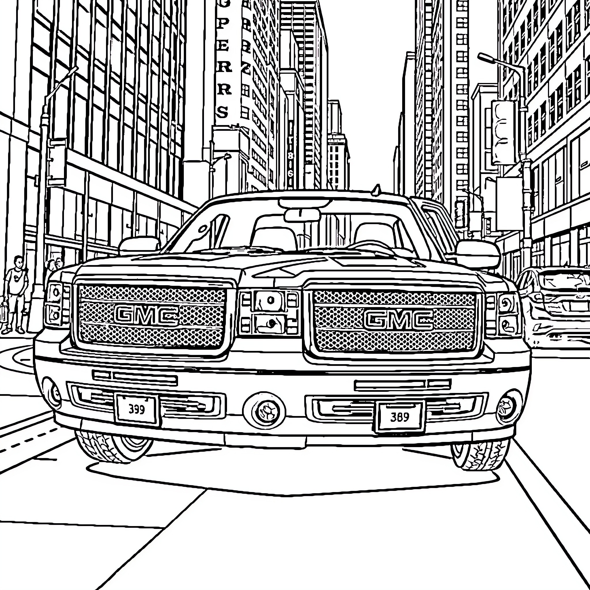 GMC Sierra pickup truck in city street Coloring Page (free black-and-white line drawing printable PDF for all, from beginners to advanced learners, including children, teens, adults, and seniors)