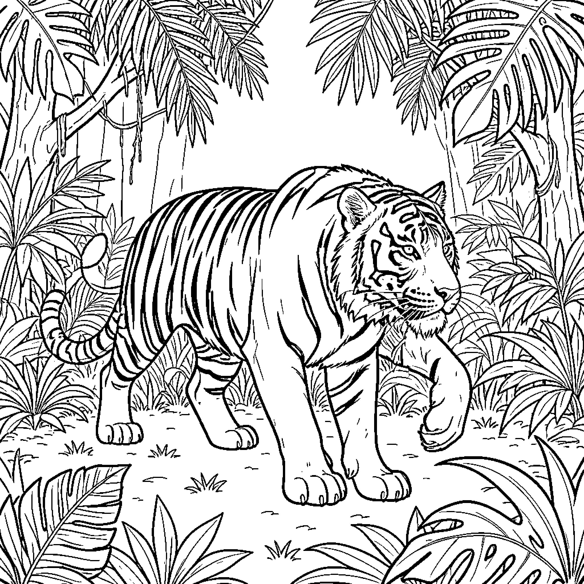 Tiger Stalking Prey in Lush Jungle Foliage Coloring Page (free black-and-white line drawing printable PDF for all, from beginners to advanced learners, including children, teens, adults, and seniors)