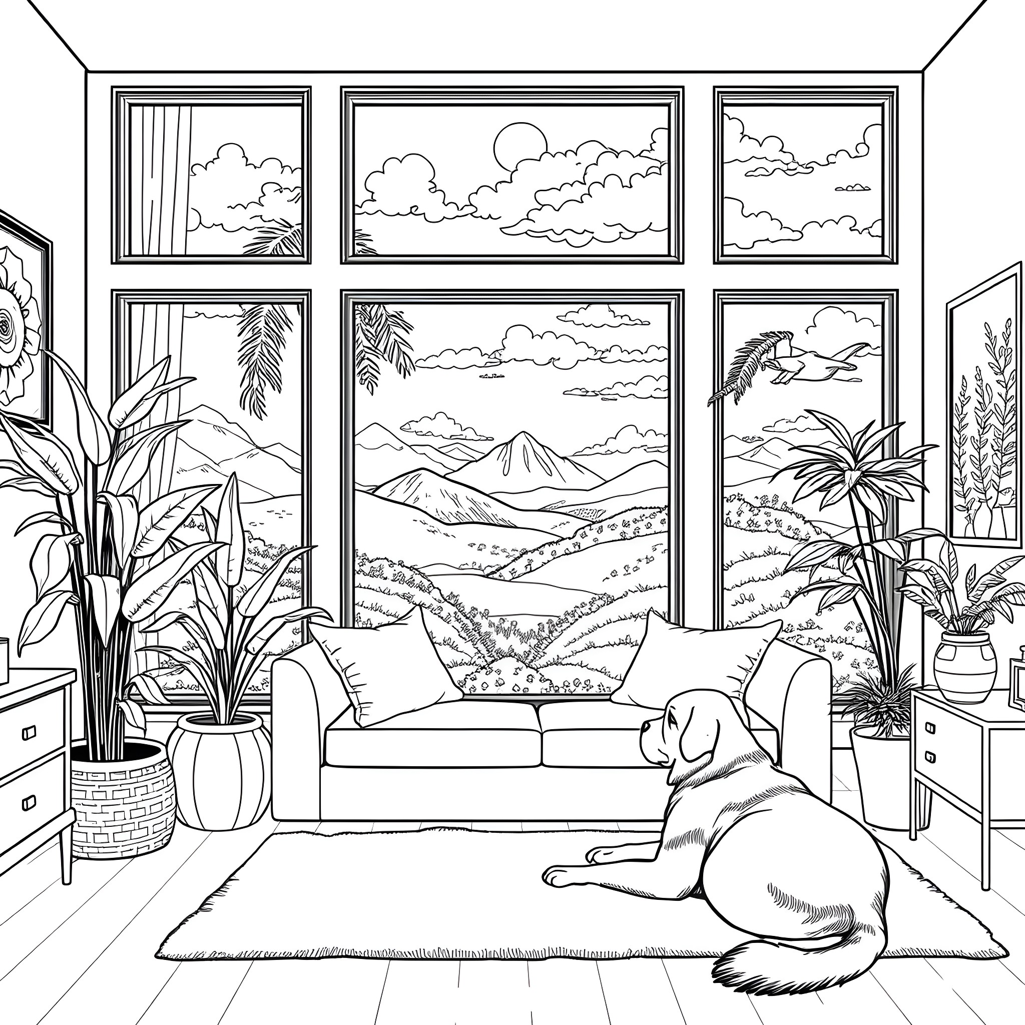 Cat and Dog Resting in Cozy Home with Scenic View Coloring Page (free black-and-white line drawing printable PDF for all, from beginners to advanced learners, including children, teens, adults, and seniors)