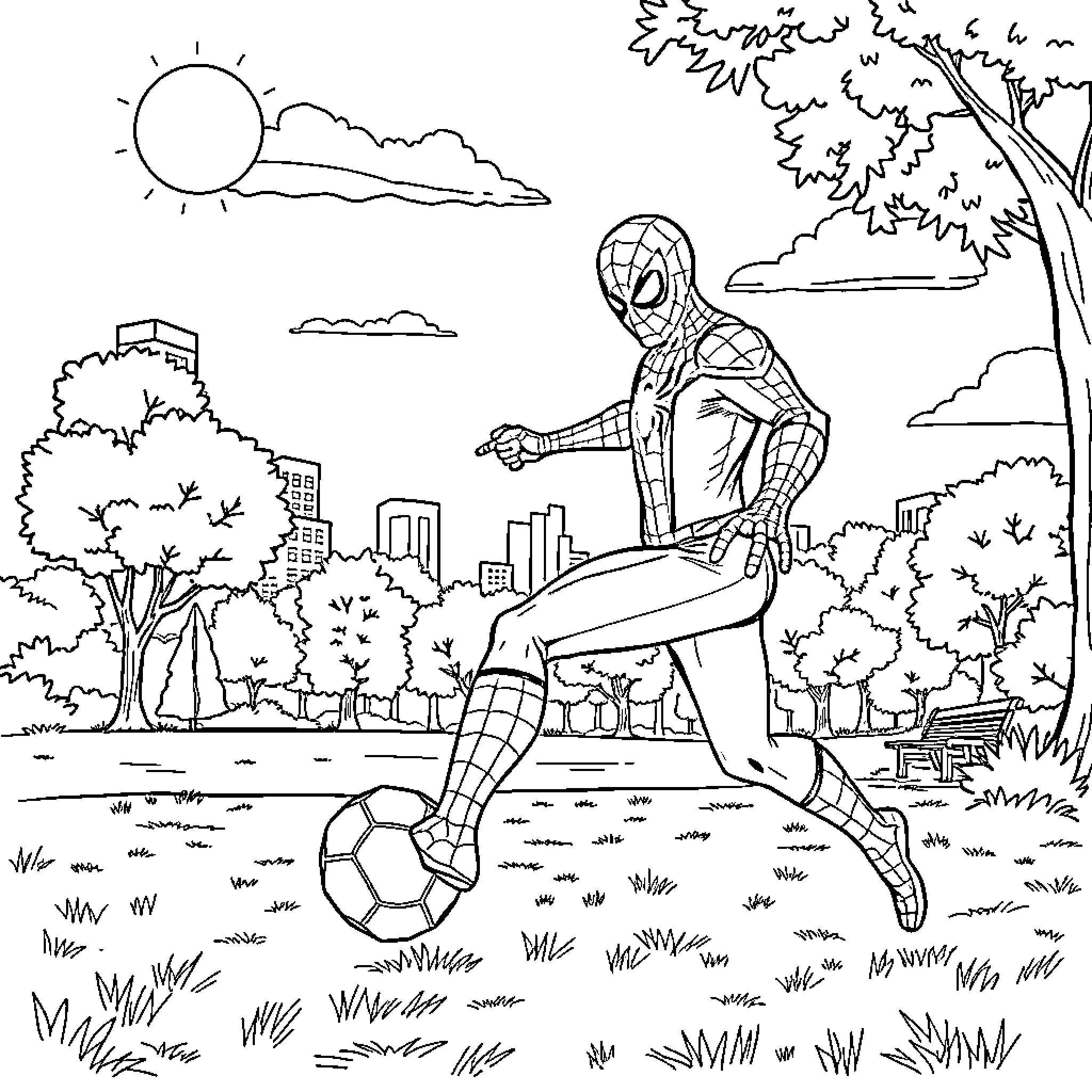 Spiderman playing soccer in the park Coloring Page (free black-and-white line drawing printable PDF for all, from beginners to advanced learners, including children, teens, adults, and seniors)
