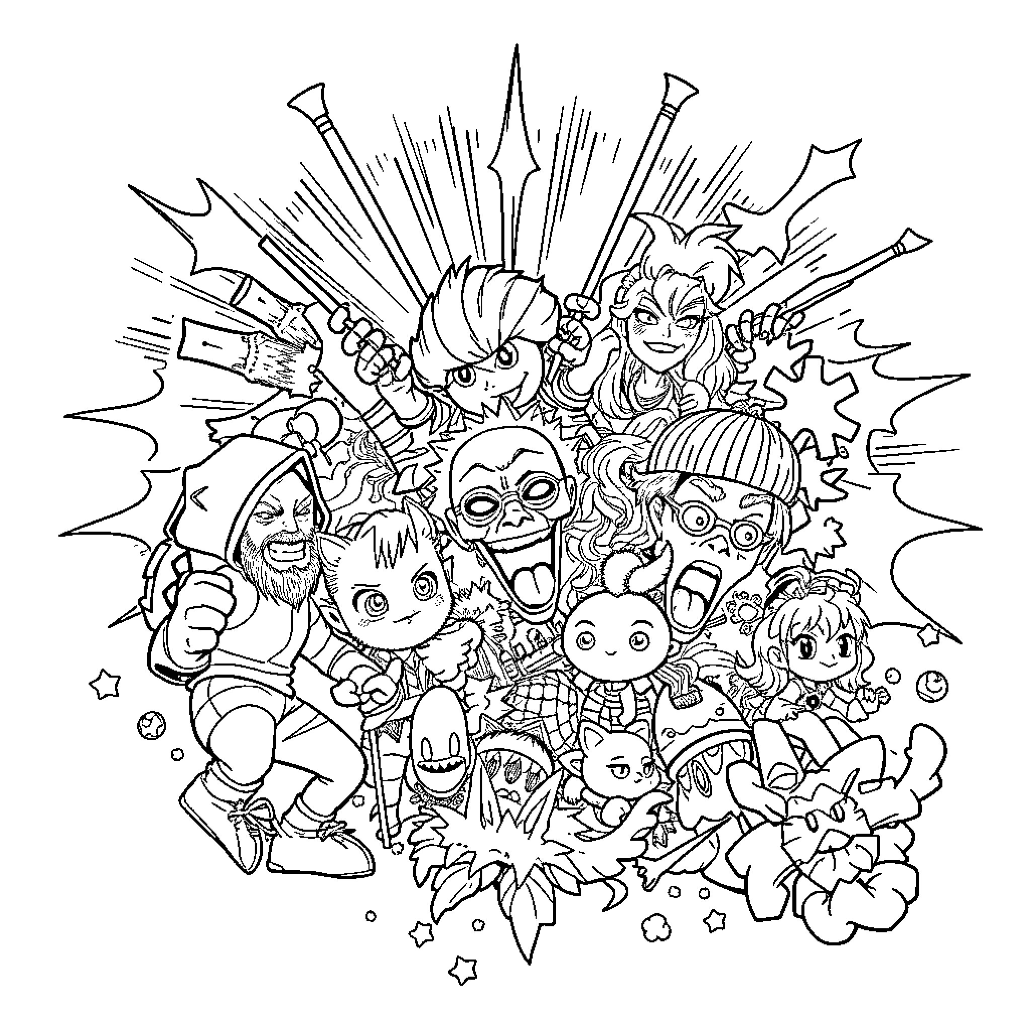 Comic Characters in Chaotic Celebration Coloring Page (free black-and-white line drawing printable PDF for all, from beginners to advanced learners, including children, teens, adults, and seniors)