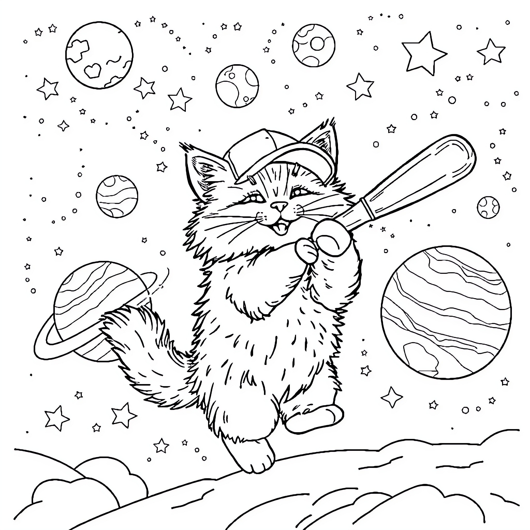 Cat Astronaut in Space-Themed Scene Coloring Page (free black-and-white line drawing printable PDF for all, from beginners to advanced learners, including children, teens, adults, and seniors)