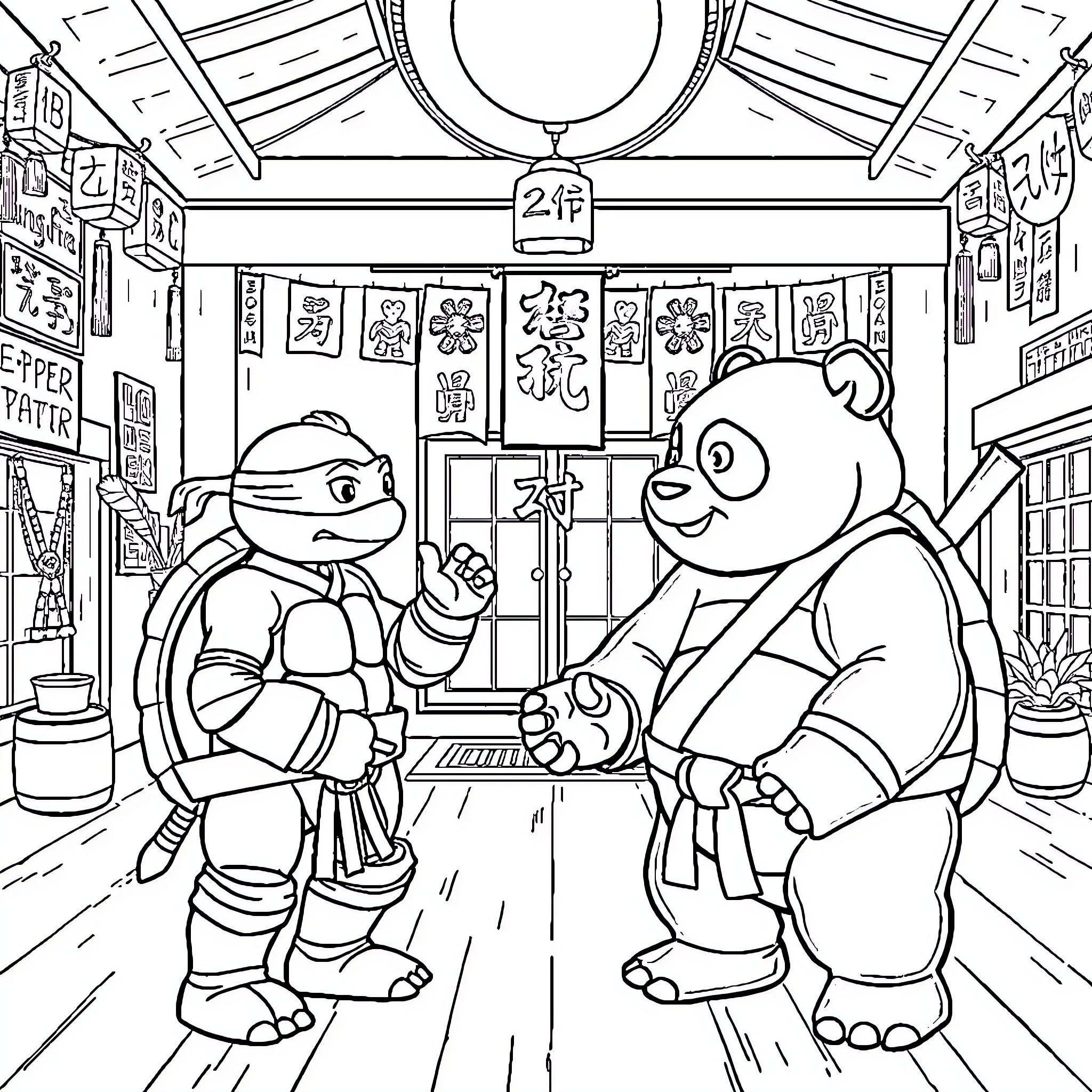 Leonardo's Playful Adventure in the Animated Diner Coloring Page (free black-and-white line drawing printable PDF for all, from beginners to advanced learners, including children, teens, adults, and seniors)