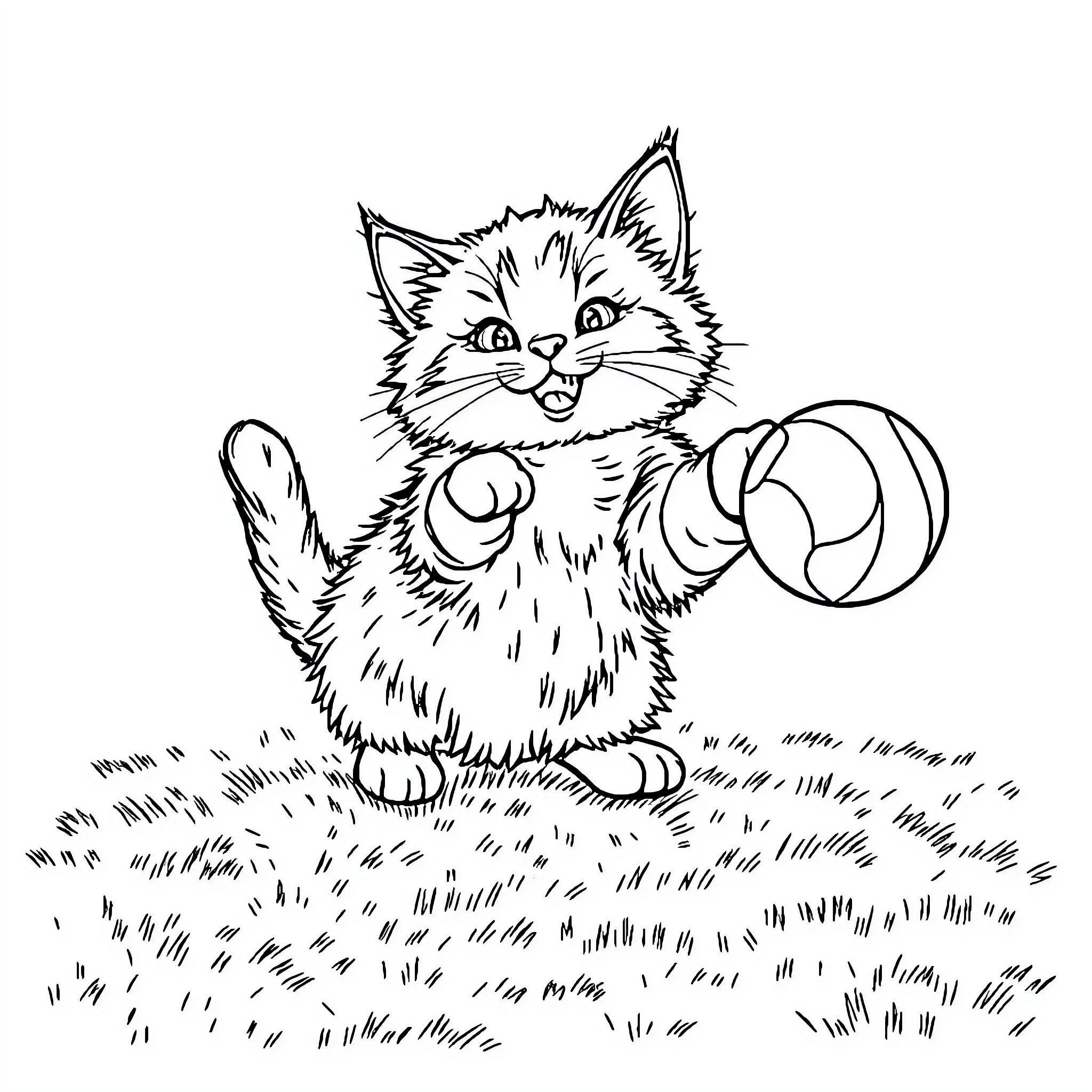 Cat playing with ball on grassy field Coloring Page (free black-and-white line drawing printable PDF for all, from beginners to advanced learners, including children, teens, adults, and seniors)