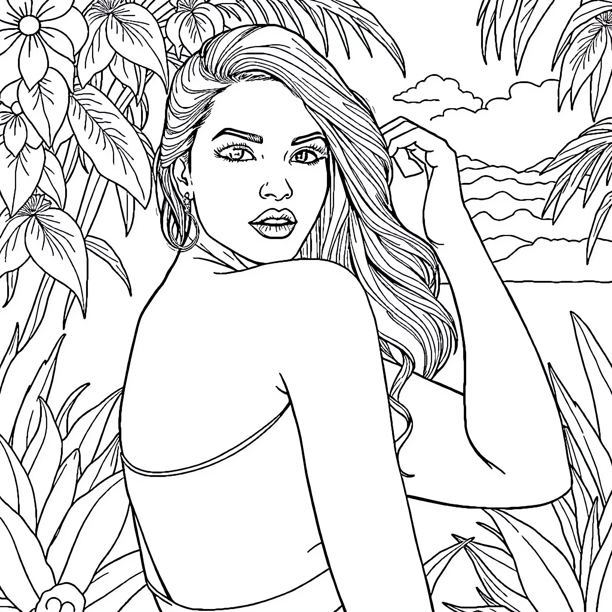 Woman in tropical floral setting Coloring Page (free black-and-white line drawing printable PDF for all, from beginners to advanced learners, including children, teens, adults, and seniors)