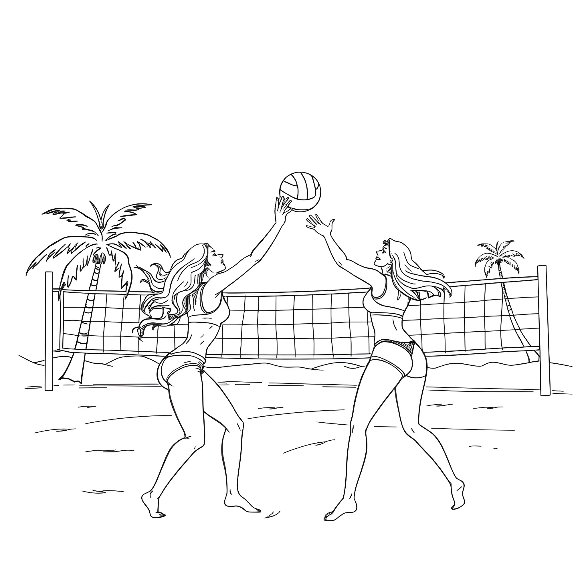 Women playing beach volleyball on tropical vacation Coloring Page (free black-and-white line drawing printable PDF for all, from beginners to advanced learners, including children, teens, adults, and seniors)
