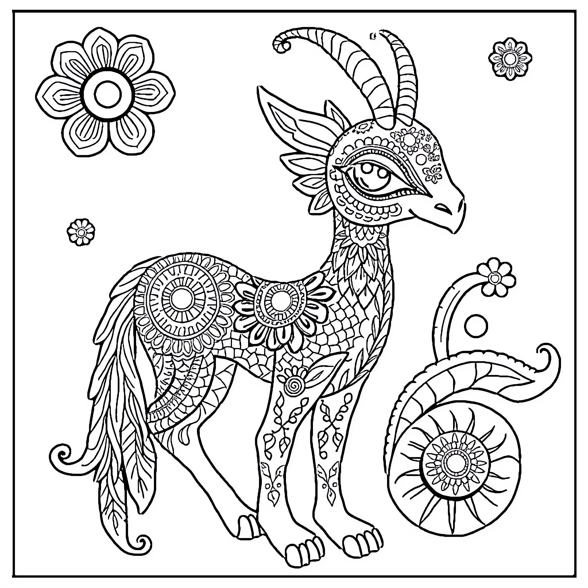 Alebrije of ornate goat with floral patterns Coloring Page (free black-and-white line drawing printable PDF for all, from beginners to advanced learners, including children, teens, adults, and seniors)