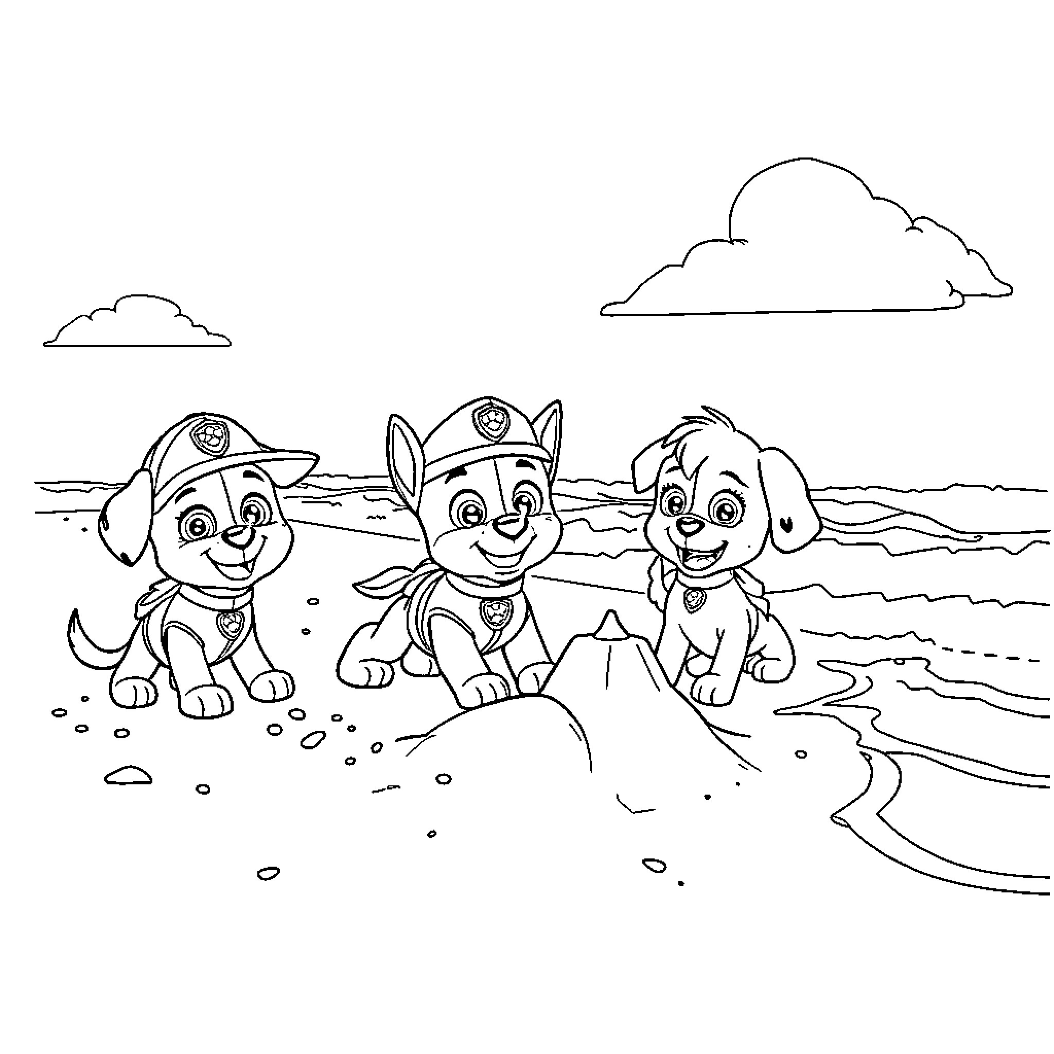 Paw Patrol Puppies Playing on the Beach Coloring Page (free black-and-white line drawing printable PDF for all, from beginners to advanced learners, including children, teens, adults, and seniors)