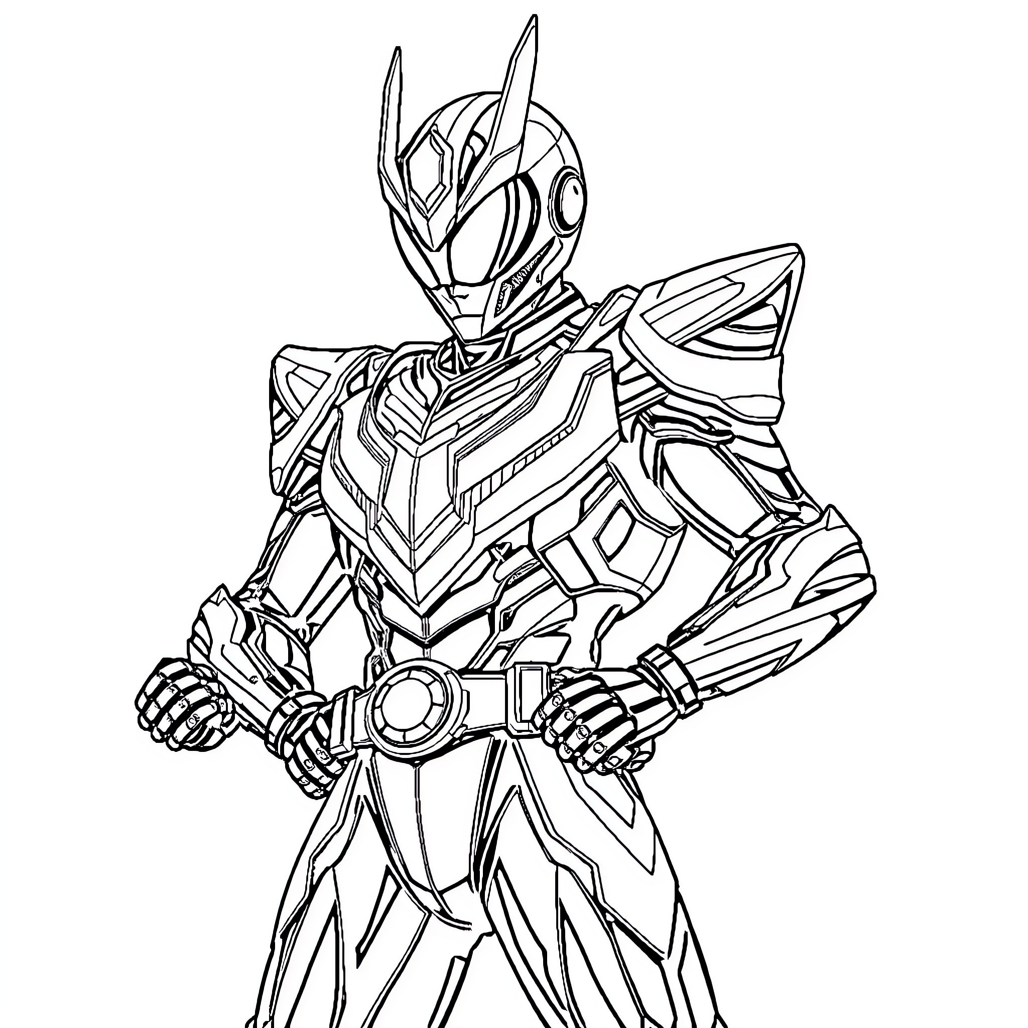 Kamen Rider hero in dynamic pose Coloring Page (free black-and-white line drawing printable PDF for all, from beginners to advanced learners, including children, teens, adults, and seniors)
